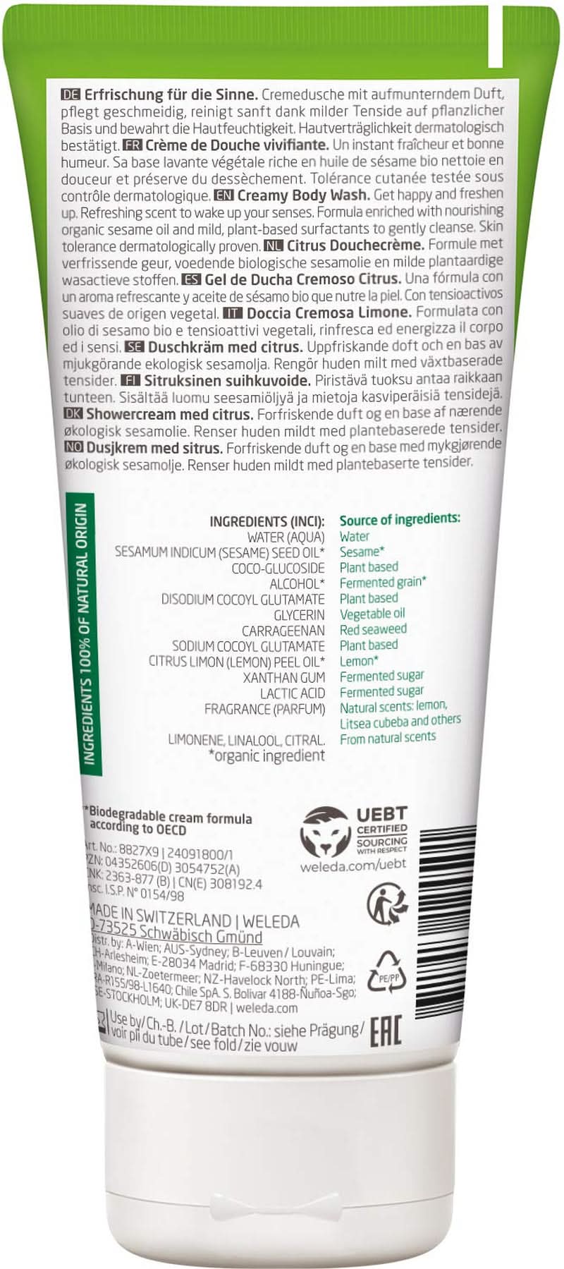 WELEDA Gel doccia rinfrescante biologico vegano, gel doccia unisex, gusto limone/arancia, 200 ml Naty Shop