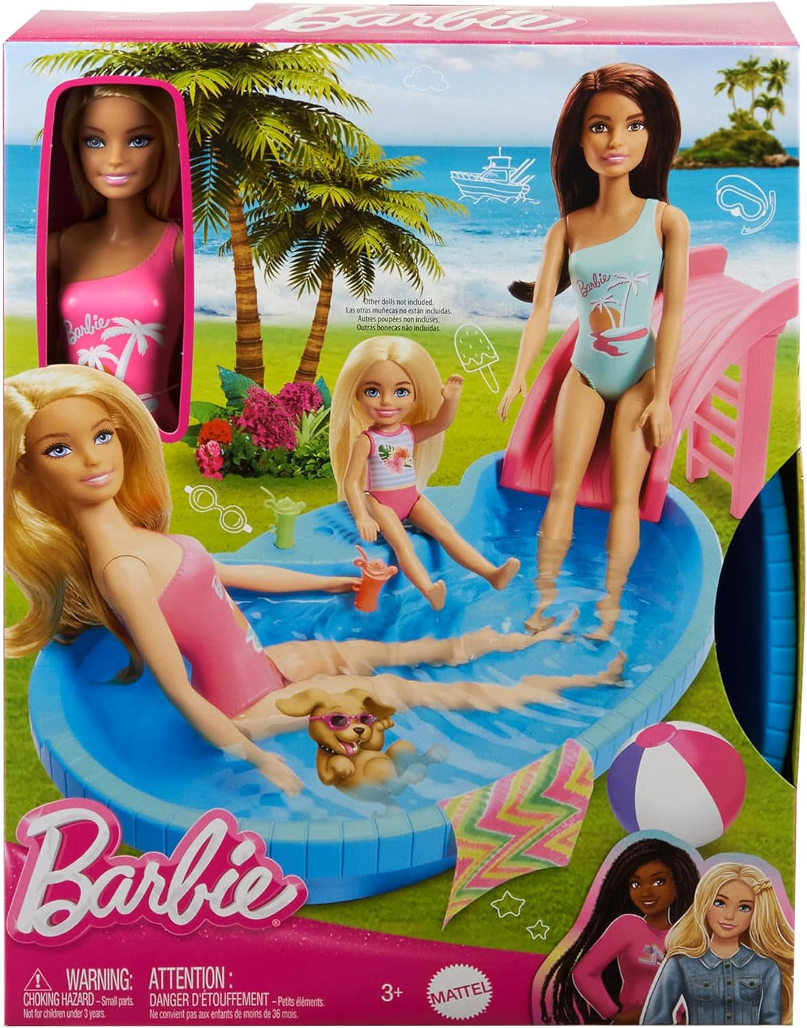 Bambola Barbie e accessori - piscina con scivolo e accessori per ore di divertimento al sole, costume da bagno rosa con design tropicale, per bambini dai 3 anni in su, HRJ74