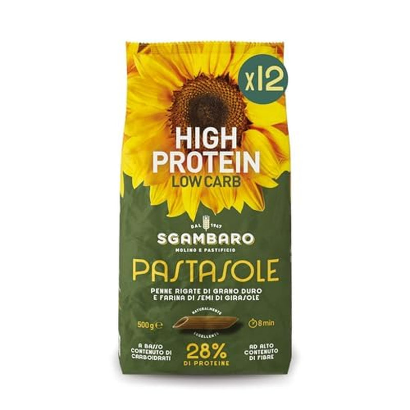 PASTASOLE , Penne Rigate con Hartweizengrieß aus 100% italienischem Anbau und Sonnenblumenkernmehl - 500g - High Protein, Low Carb, Hoher Ballaststoffgehalt