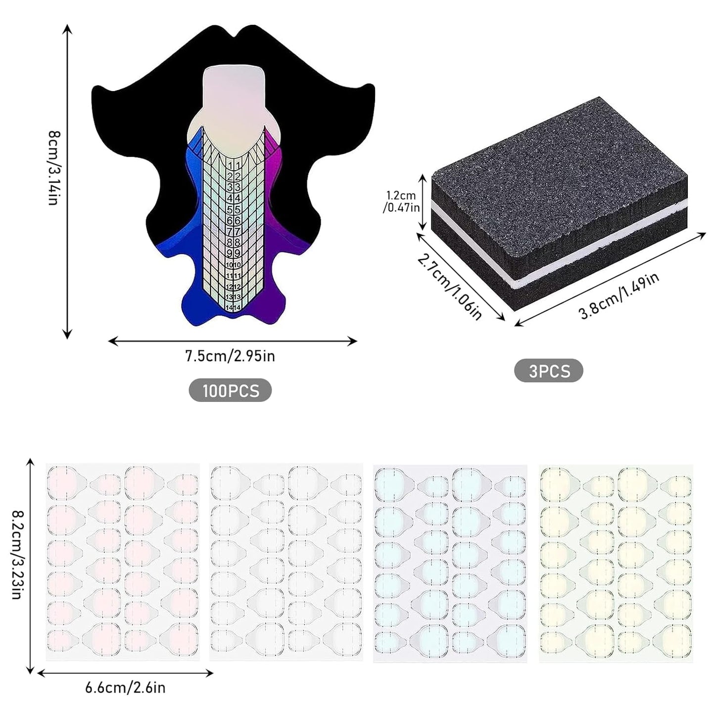 100 Pezzi Modelli per Nail Art Modelli per Modellare Autoadesivi con 4 Fogli Cuscinetti per Unghie Adesivi Trasparenti e 3 Lime per Unghie Accessori per Estensione Unghie in Gel per Unghie Artificiali