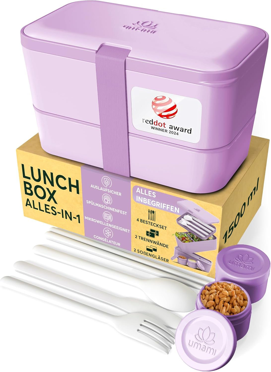 Umami Lunch Box per Adulti, Bento Box impilabile a tenuta stagna con 4 posate e scomparti, Lunch Box per adulti, Contenitore per insalata da asporto, Lunch Box per picnic/ufficio, Grigio antracite, Scatole per alimenti da 1500 ml Naty Shop Lavender Purple L - 1500 ml Impilabile l'uno dentro l'altro