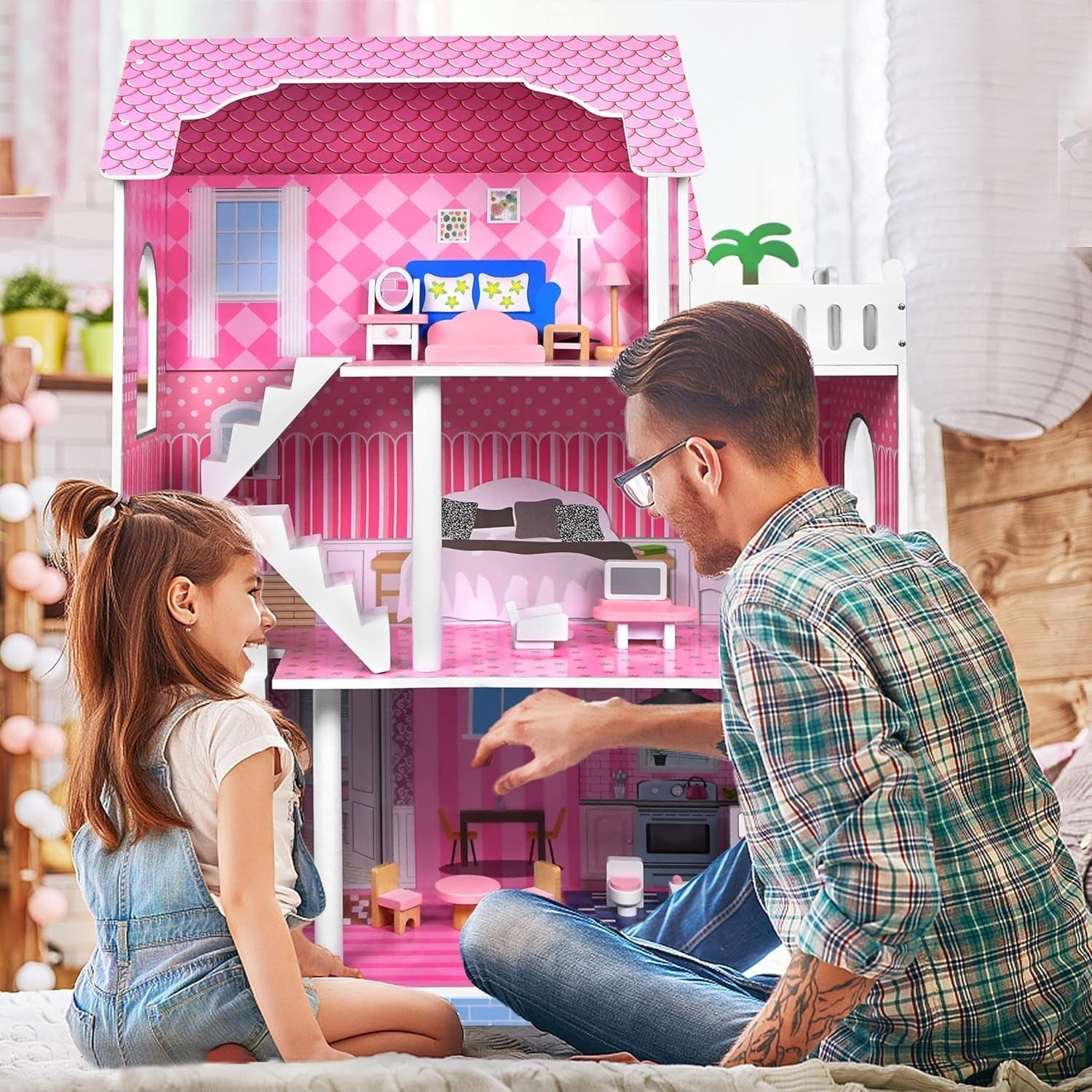 HENGMEI Puppenhaus Kinder Holz Puppenvilla Dollhouse Set Mädchen Spielset 3 Etagen Haus mit Möbeln und Zubehör, 70x30x100cm Puppenhäuser für Kinder (Tipo B)