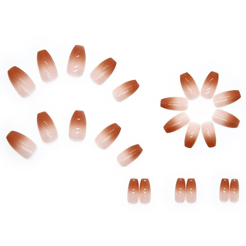 24 pezzi French Press su unghie corte Bara Unghie artificiali Rosa corallo Ombre Unghie adesive Set di unghie ballerina Punte per unghie acriliche Donna Primavera Estate Accessori per unghie