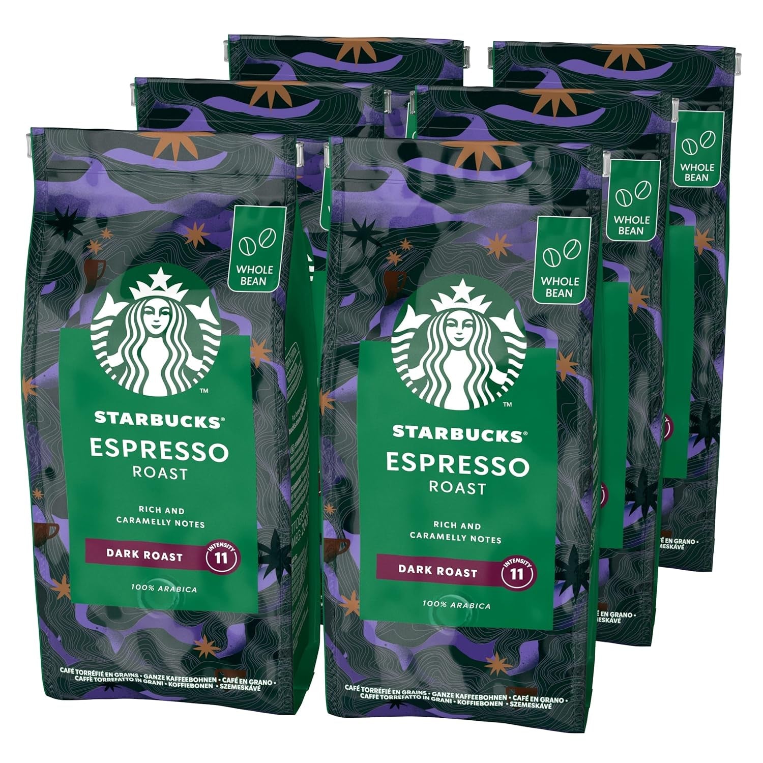 STARBUCKS Espresso Roast, Black Roast, Caffè in grani interi 200 g (Confezione da 6)