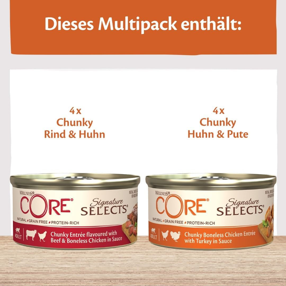 Wellness CORE Signature Selects 8 x 79g, Mix Manzo, Pollo e Tacchino - Cibo umido per gatti, deliziose strisce in salsa, senza cereali, naturale, ipoallergenico, ricco di proteine, ricco di carne
