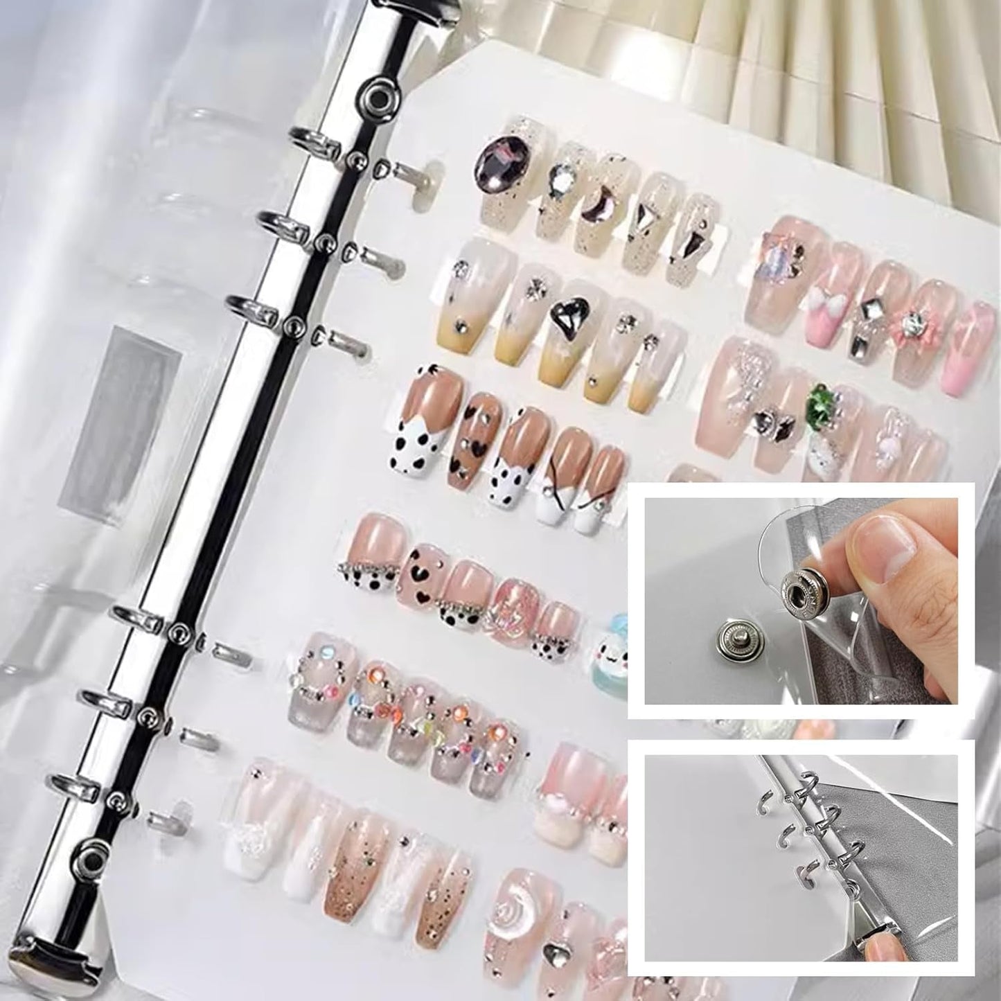 Set organizer per unghie A5 con chiusura con punti metallici e fogli rimovibili - Robusta scatola trasparente + 6 cuscinetti adesivi e libro per riporre unghie artificiali/adesive staccabile - Ideale per riporre e presentare