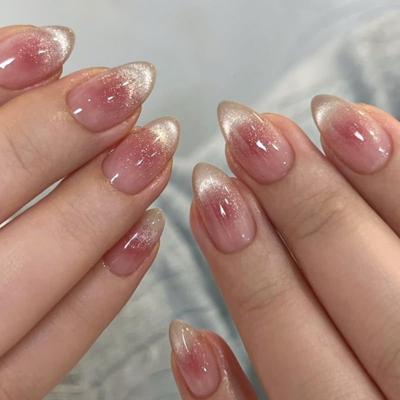 Moonglow Unghie Finte Magnetiche Corte, Occhi di Gatto Glitter Rosa Mandorla Sfumato Rosso con Colla, Unghie Artificiali Fototerapia Glitter Rosa Rosso Ombre per Donne e Ragazze