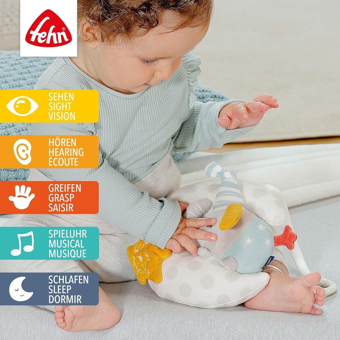 Carillon Fehn elefantino nella luna - ricamo "Glow-in-the-dark" con la canzone "The moon has rise" - peluche per addormentarsi - giocattolo per bambini in viaggio e a casa - da 0+ mesi Baby Toys Naty Shop