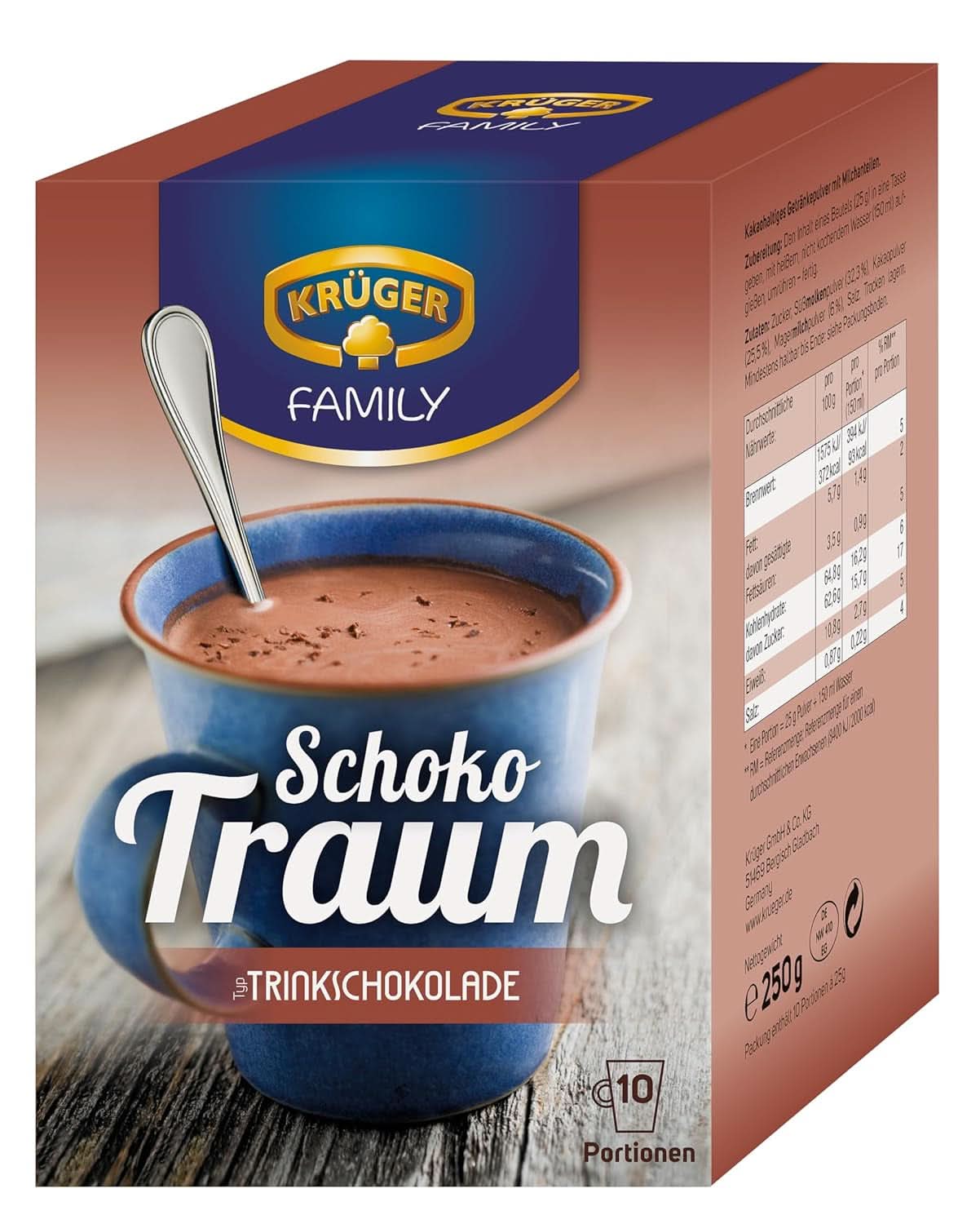 KRÜGER Family, Cacao in polvere per cioccolata calda, 8 scatole x 10 buste, 8 x 250 grammi Cacao e Cioccolata Calda Naty Shop
