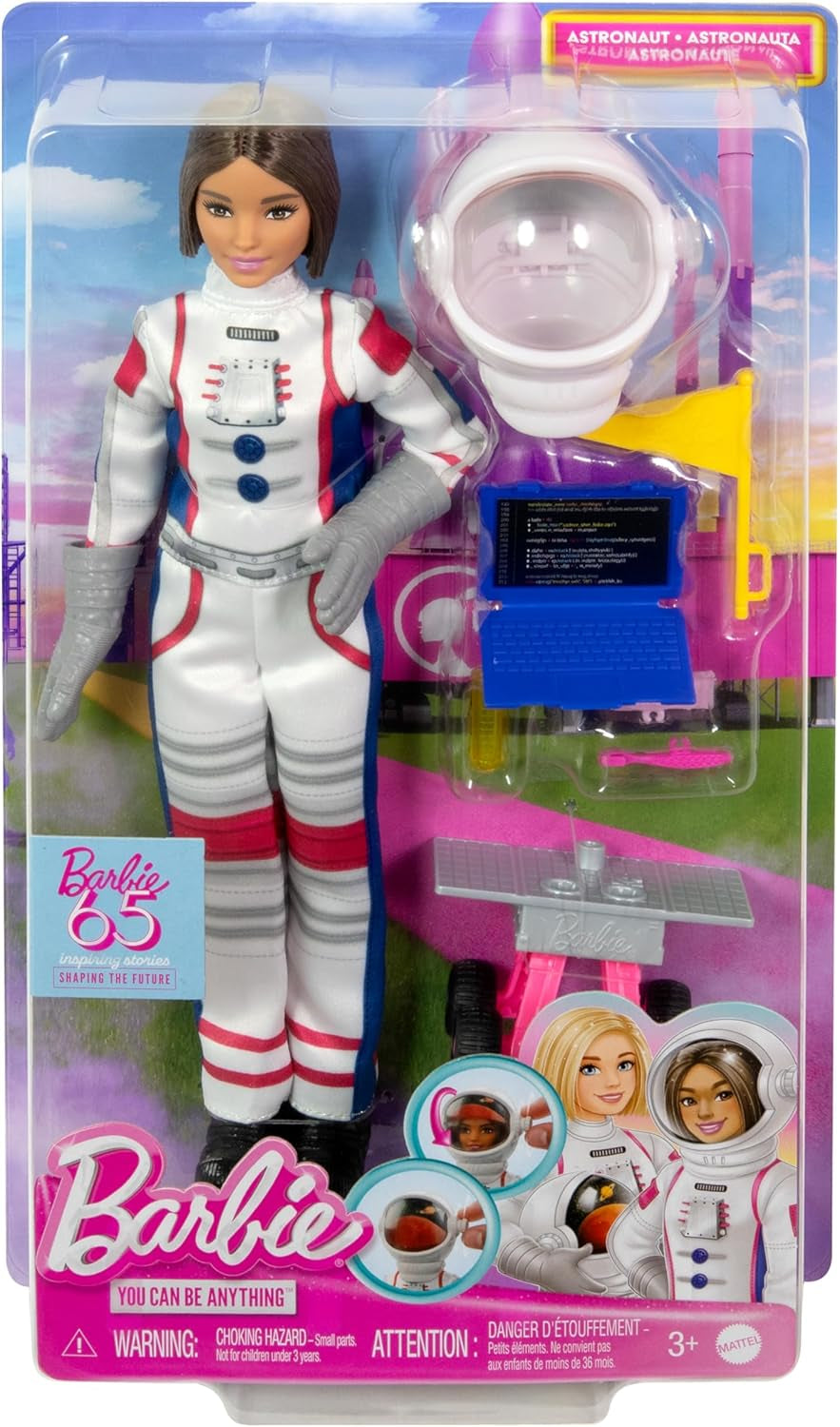 Barbie per il 65° compleanno e 10 accessori, set da astronauta per bambola bruna, rover con ruote, casco spaziale con visiera cambiabile e altro ancora, HRG45