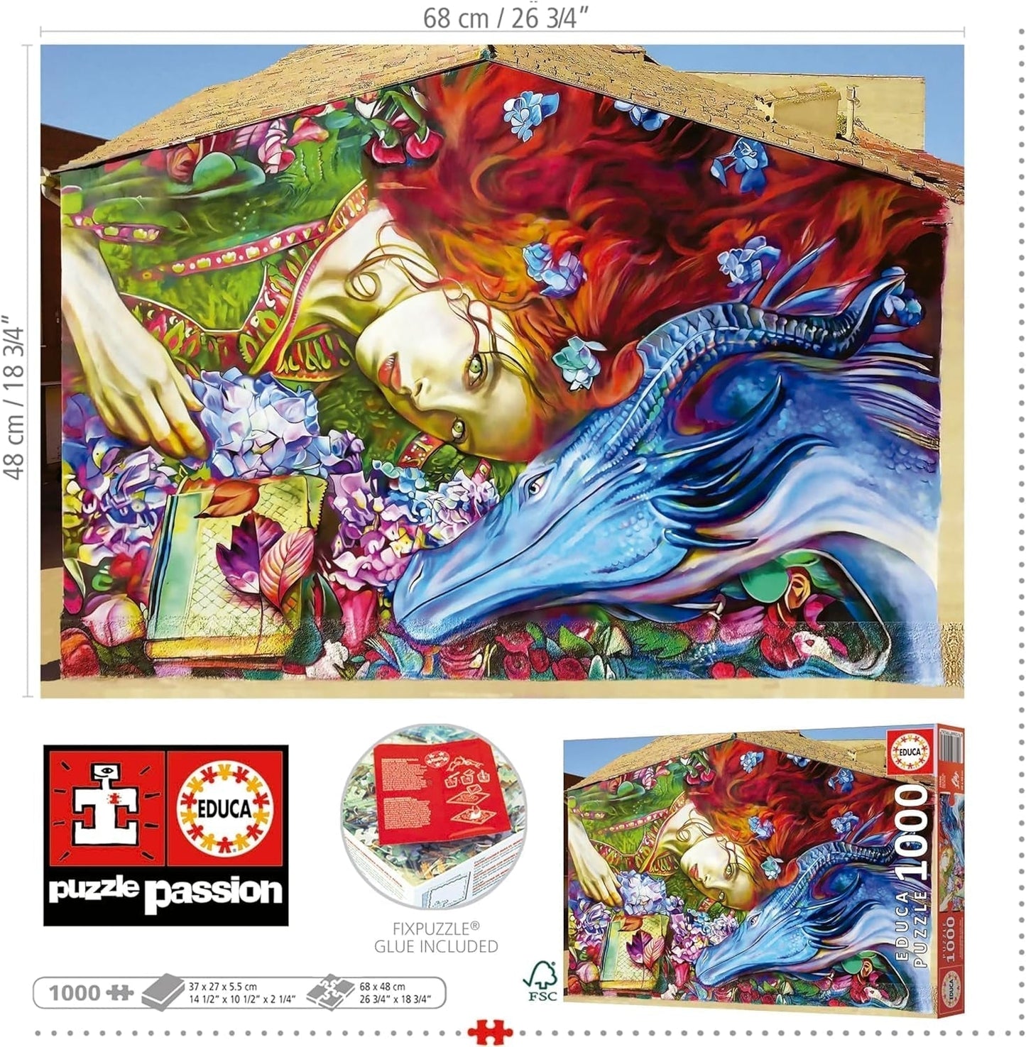 Educa - Puzzle da 1000 pezzi per adulti | Sant Jordi, Giglio Mattone. Dimensioni: 68X48 cm. Include la colla per puzzle Fixpuzzle. Per 14 anni (19926) Puzzle Naty Shop