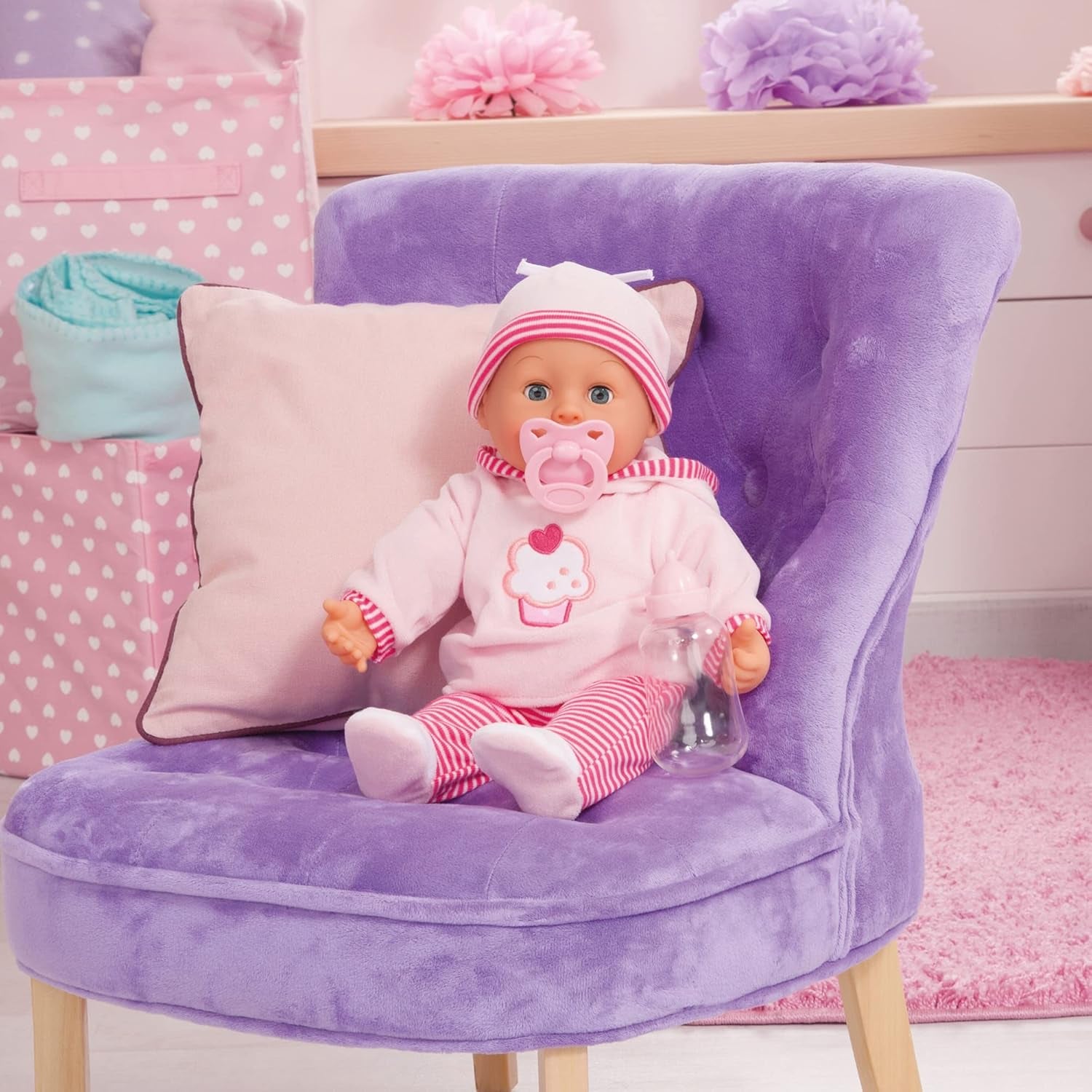 Bambola First Words con occhi assonnati, parla 24 suoni da bambino, con bambola e biberon, 38 cm, rosa/righe Naty Shop Dolls