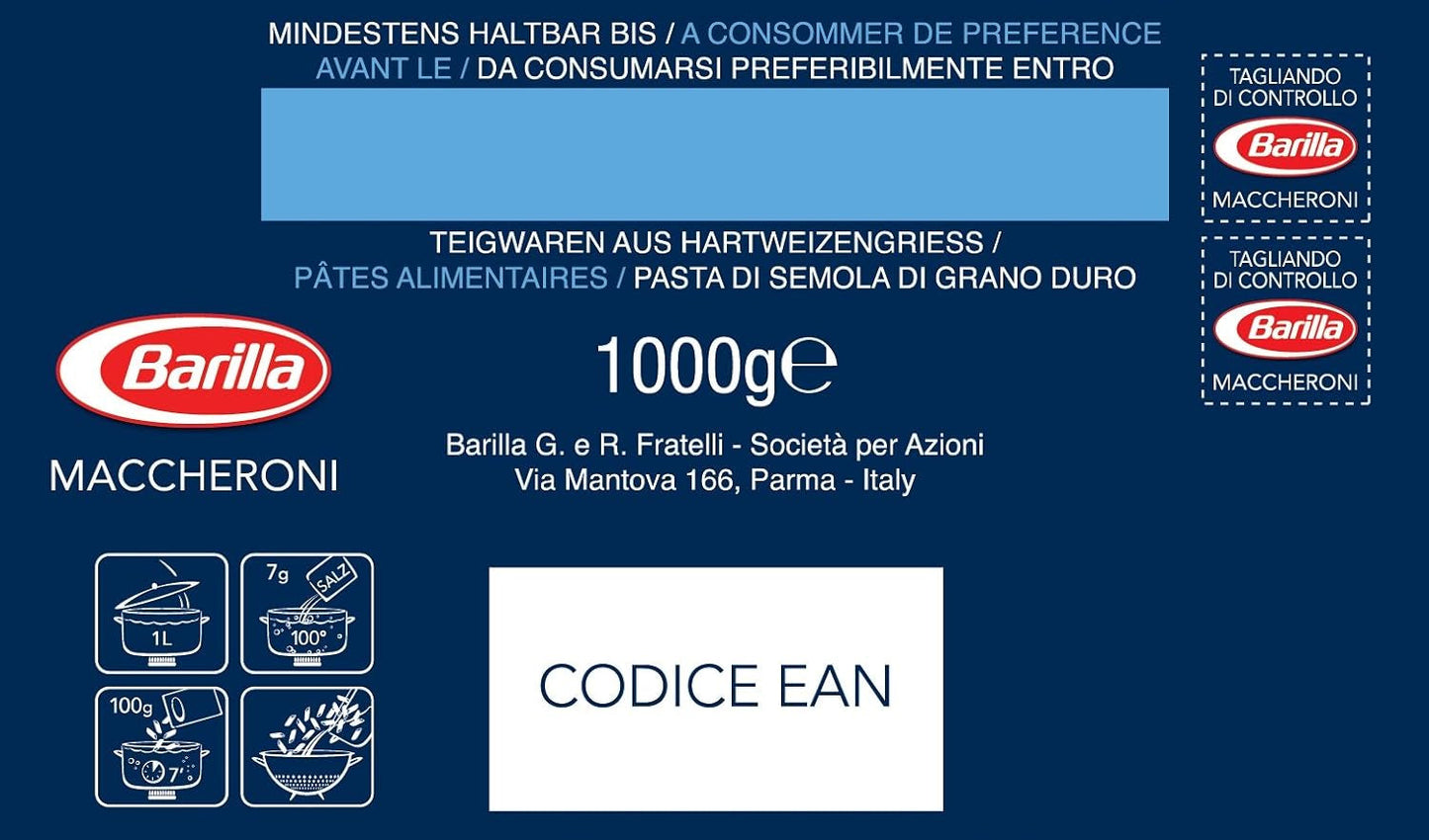 Pasta di semola di grano duro Barilla Maccheroni n. 44 – Confezione da 1 (1x1kg)