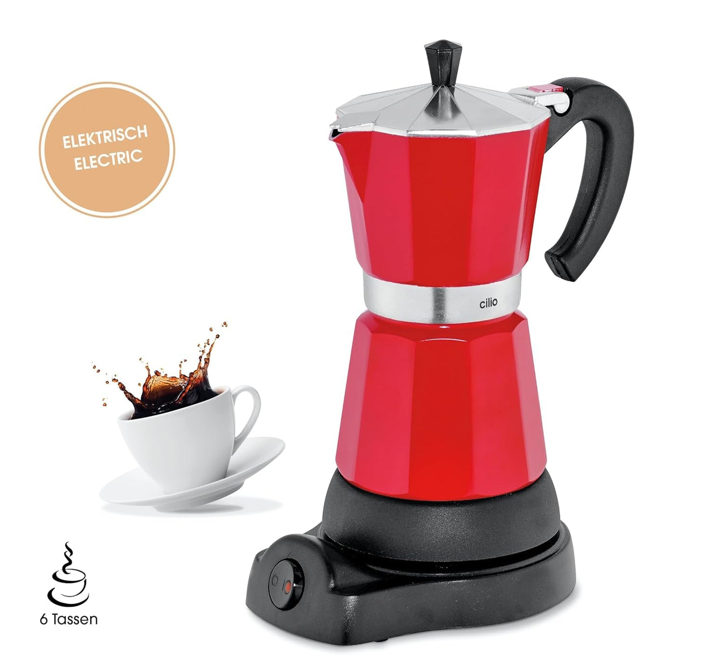 Macchina per caffè espresso Cilio Classico da 6 tazze | elettrico 480 W | Ø 11,5 cm Altezza: 25 cm | alluminio | rosso | piano cottura integrato | con funzione di ritenzione del calore e filtro riduttore | per viaggiare o campeggiare