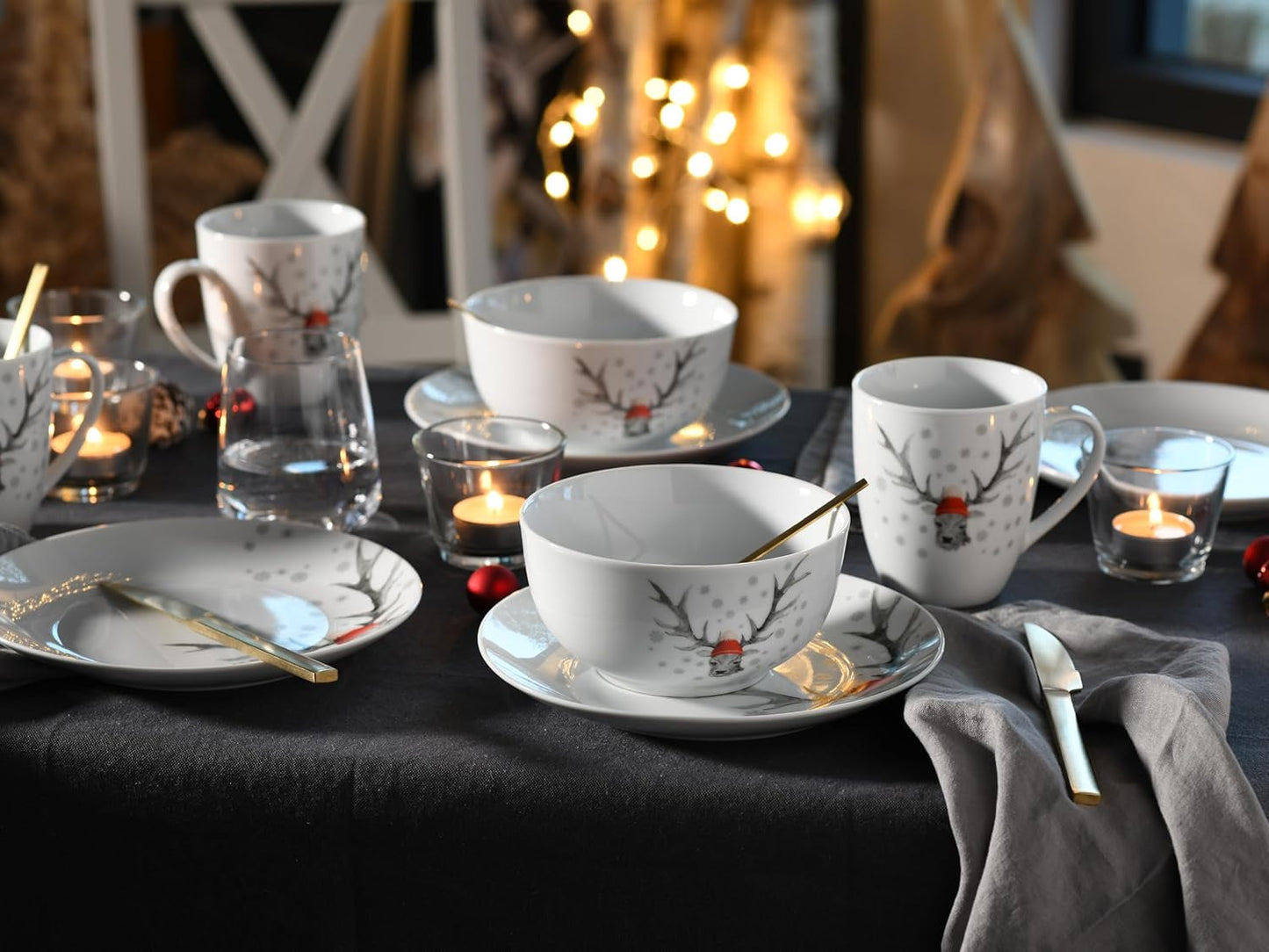 CreaTable, 21498, serie Luna Hirsch, set di stoviglie da 18 pezzi per 6 persone, set da colazione in porcellana, lavabile in lavastoviglie e adatto al microonde, produzione di qualità