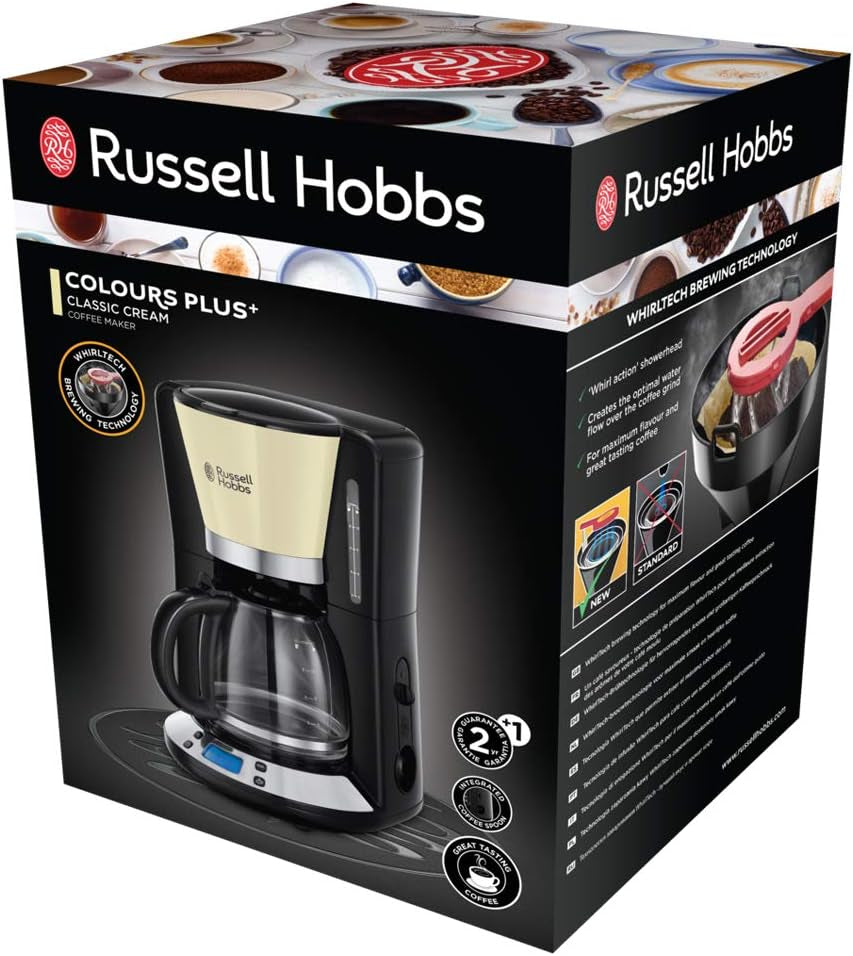 Caffettiera Russell Hobbs [Timer digitale, soffione doccia per estrazione e aroma ottimali] Colors+ Creme (da 1 a 10 tazze, caraffa in vetro da 1,25 litri, piastra riscaldante, 1100 W) Caffettiera con filtro 24033-56