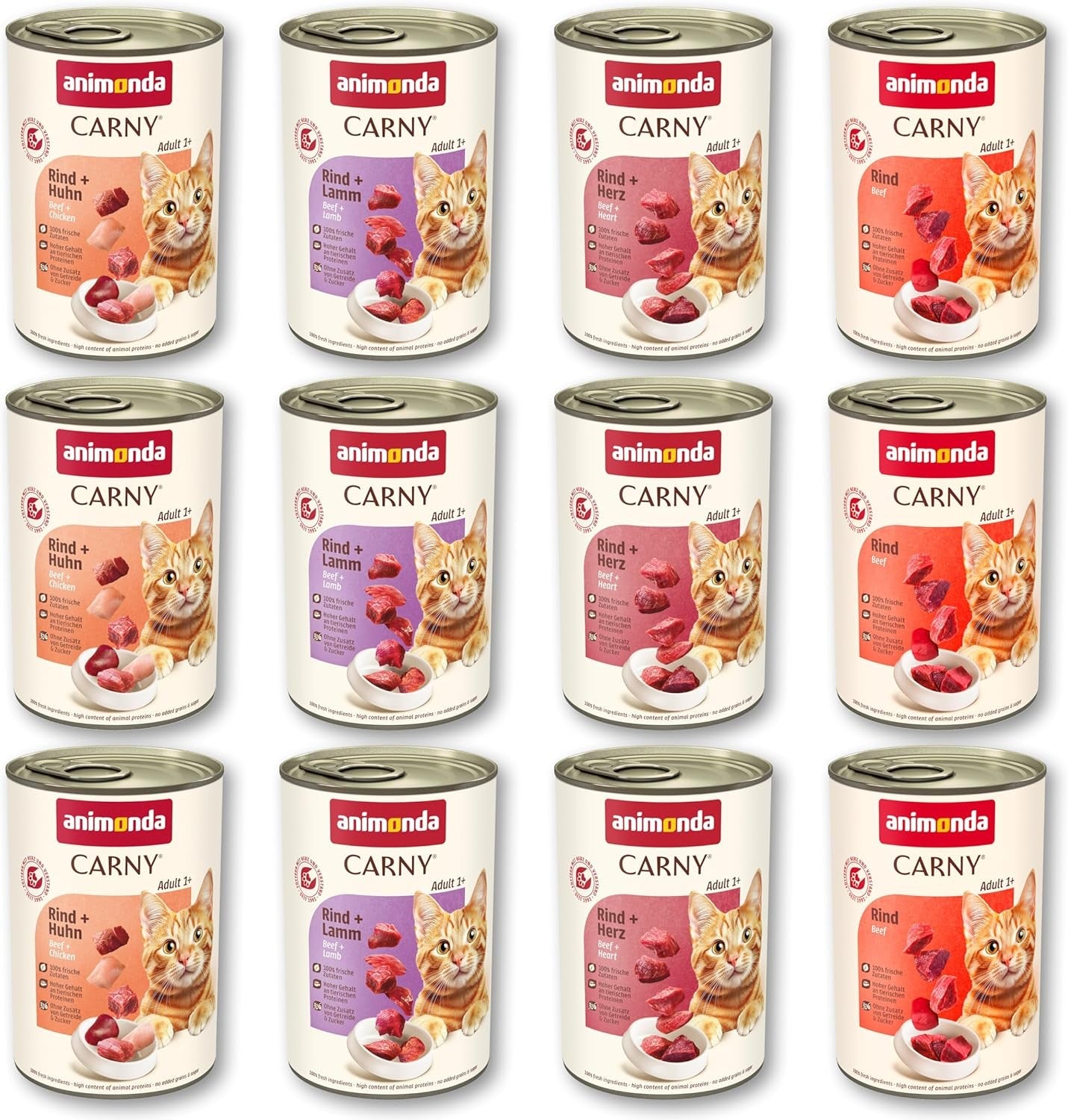 animonda Carny Adult Savory Variety (12 x 400 g), alimento umido per gatti adulti, alimento umido con ingredienti al 100% di carne fresca, senza cereali e senza zucchero