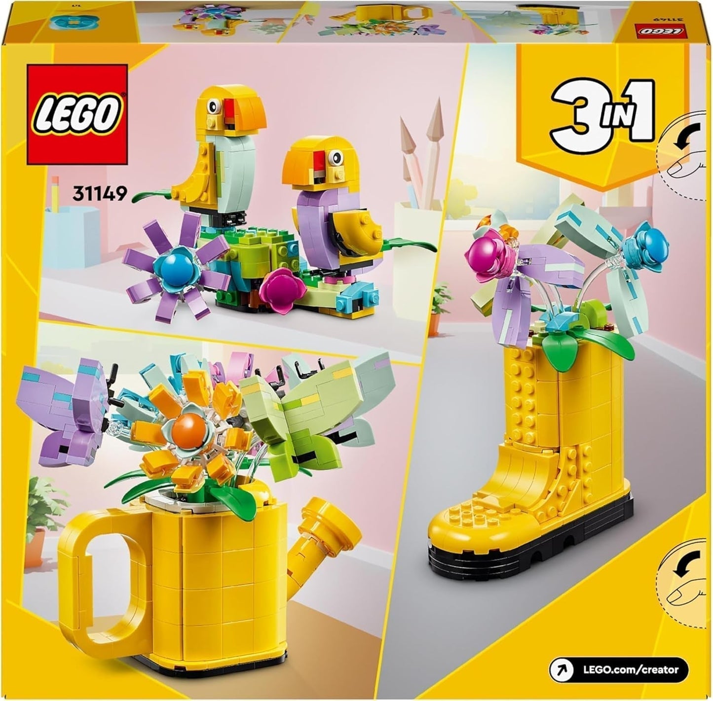 Set di irrigatori floreali 3 in 1 LEGO Creator, decorazione per la cameretta dei bambini, costruisci un irrigatore con un mazzo di fiori, stivali di gomma o 2 uccellini giocattolo, regalo creativo per ragazze e ragazzi di 8 anni 31149 Set da costruzione Besuche den LEGO-Store