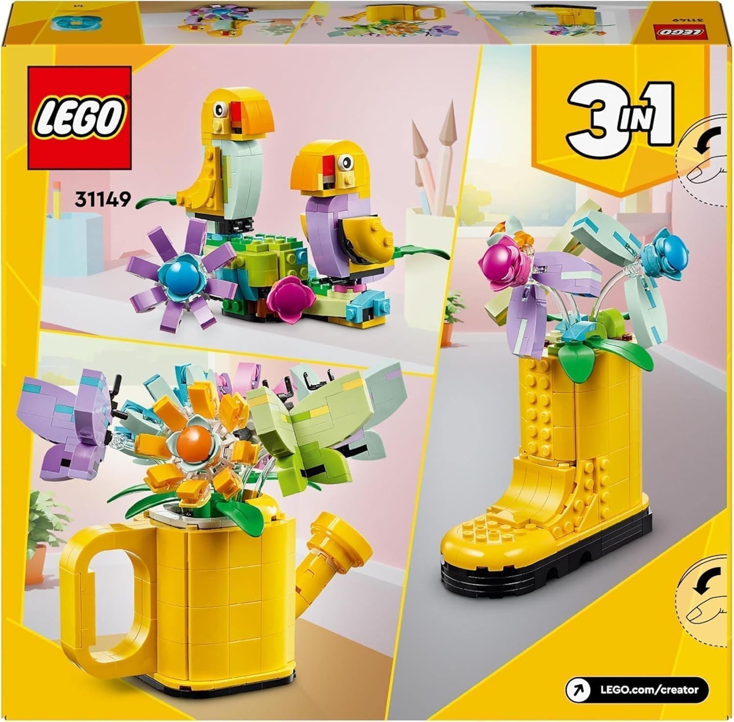 Set di irrigatori floreali 3 in 1 LEGO Creator, decorazione per la cameretta dei bambini, costruisci un irrigatore con un mazzo di fiori, stivali di gomma o 2 uccellini giocattolo, regalo creativo per ragazze e ragazzi di 8 anni 31149 Set da costruzione Besuche den LEGO-Store
