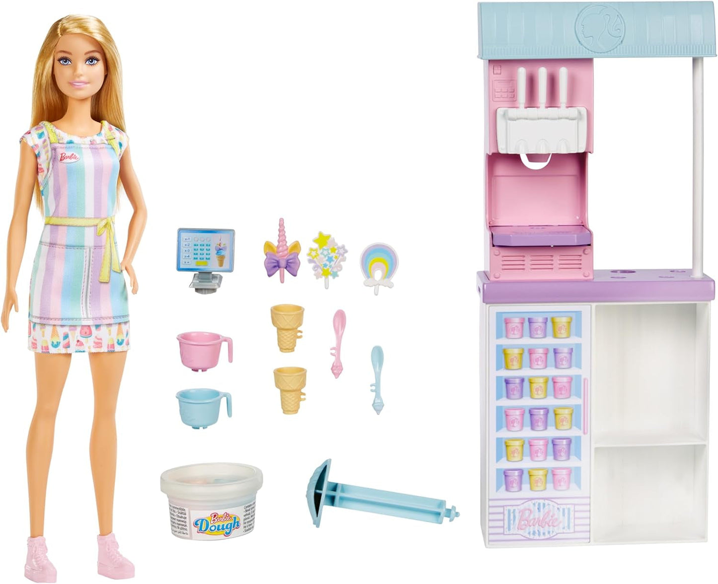 Serie Barbie You Can Be Anything, Gelateria, 1x bambola Barbie dai capelli biondi, macchina per il gelato, Barbie Play-Doh, accessori da forno, regalo per bambini, giocattolo per età 3+, HCN46