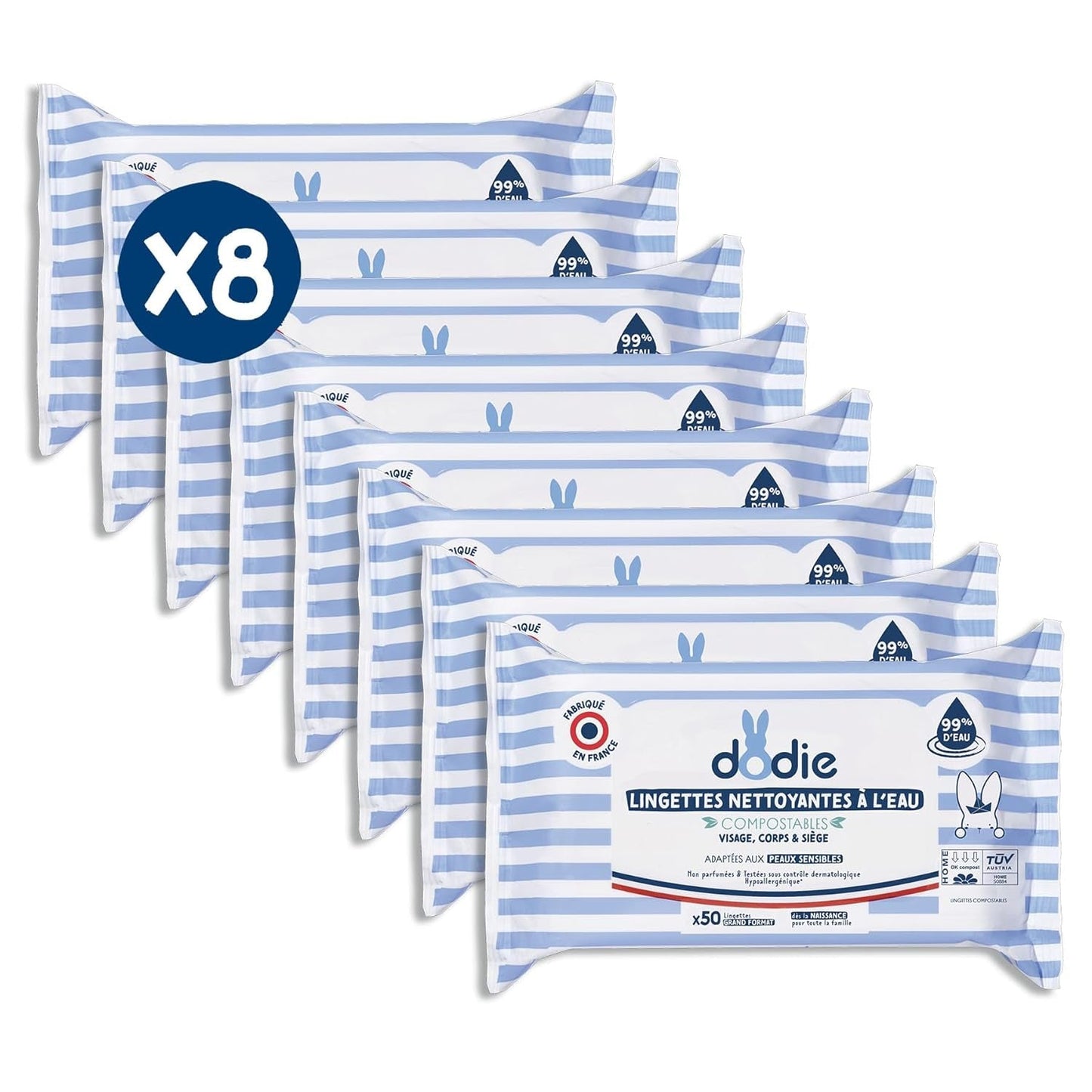 Confezione da 8 confezioni di salviette detergenti compostabili con acqua, 50 pezzi