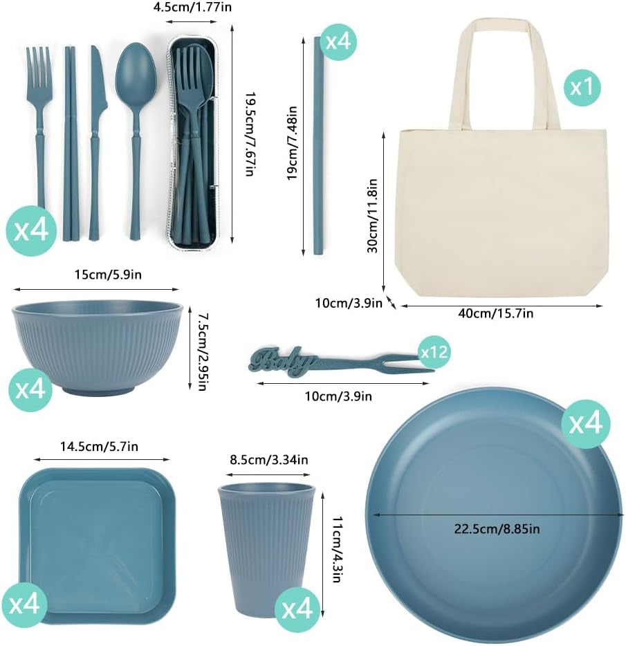 Set di stoviglie da campeggio per 4 persone da 53 pezzi, stoviglie da campeggio indistruttibili per 4 persone, set di stoviglie in plastica leggera con borsa per il trasporto, piatti e ciotole impilabili, stoviglie da picnic da giardino per barbecue