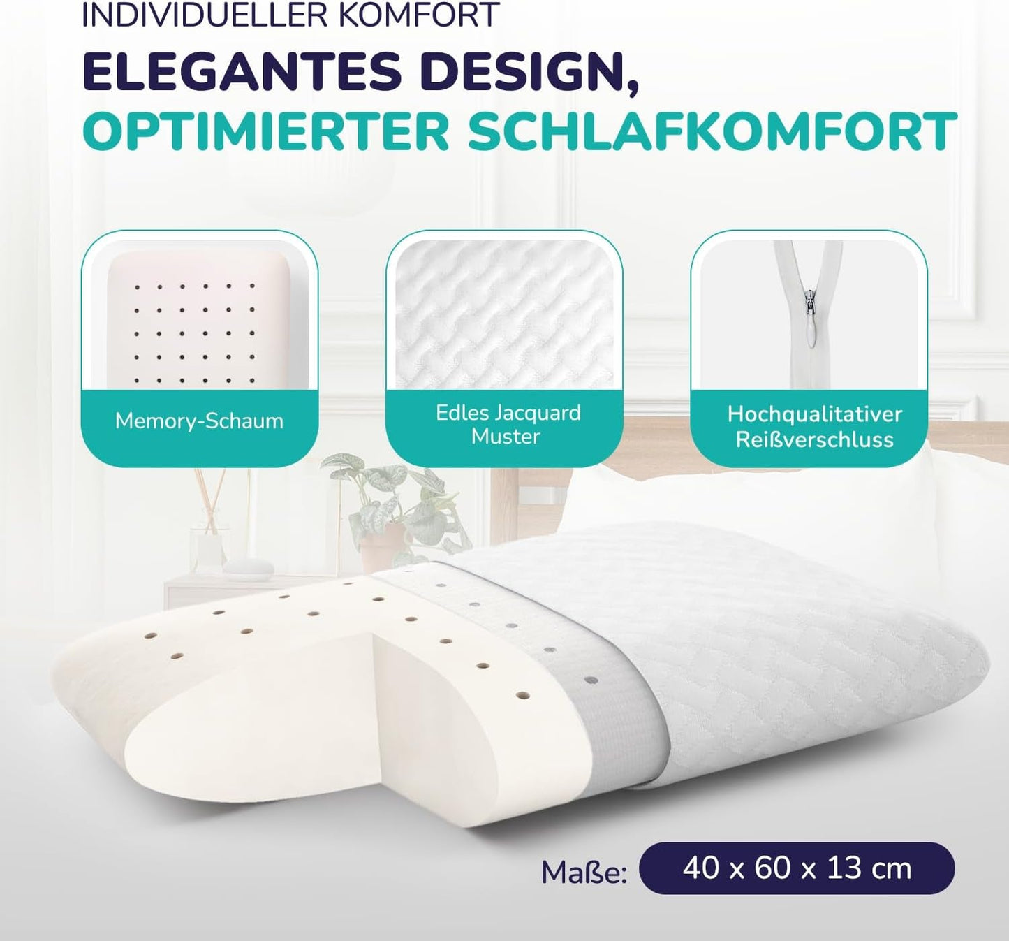ZenPur Cuscino per Collo Ortopedico 40x60-13 cm, Cuscino per la Testa in Memory Foam - Cuscino per il Sonno ergonomico per Collo e Spalle, Certificato Oeko-TEX