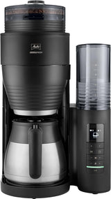 Melitta AromaFresh Therm Pro X - Macchina per caffè espresso con filtro, macinacaffè integrato, serbatoio dell'acqua rimovibile, caraffa termica in acciaio inossidabile e funzione timer, per un massimo di 8 tazze di caffè, nero/argento