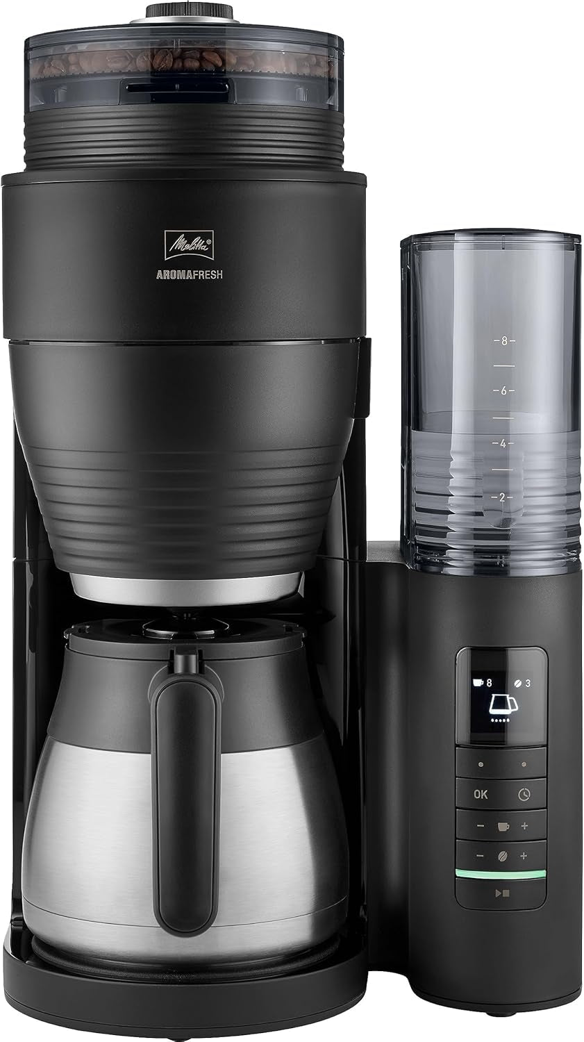 Melitta AromaFresh Therm Pro X - Macchina per caffè espresso con filtro, macinacaffè integrato, serbatoio dell'acqua rimovibile, caraffa termica in acciaio inossidabile e funzione timer, per un massimo di 8 tazze di caffè, nero/argento