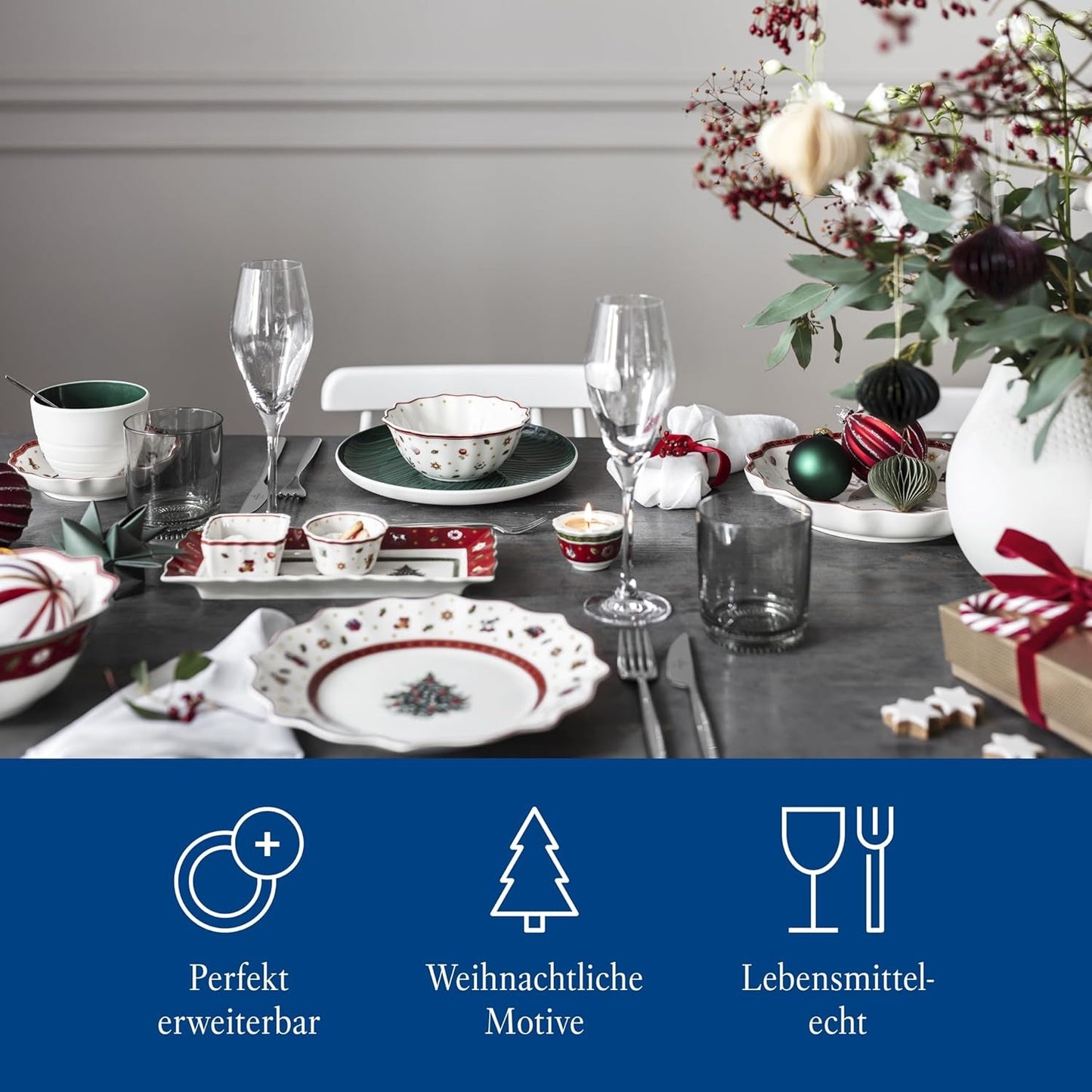 Villeroy & Boch - Toy's Delight Set per sughi, 4 pezzi, Piatto da portata con ciotole, Set di ciotole per sugo di Natale, Decorazione da tavola giocattolo, Vassoio da portata, Ciotole, Stoviglie natalizie, Porcellana Premium