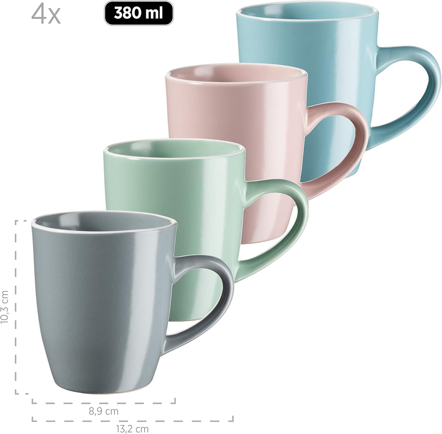 MÄSER 934006 Serie Elissa, Set di stoviglie moderne per 4 in smalti colorati opachi con bordo bianco, set combinato da 16 pezzi, gres, multicolore, grigio, turchese, rosa, verde