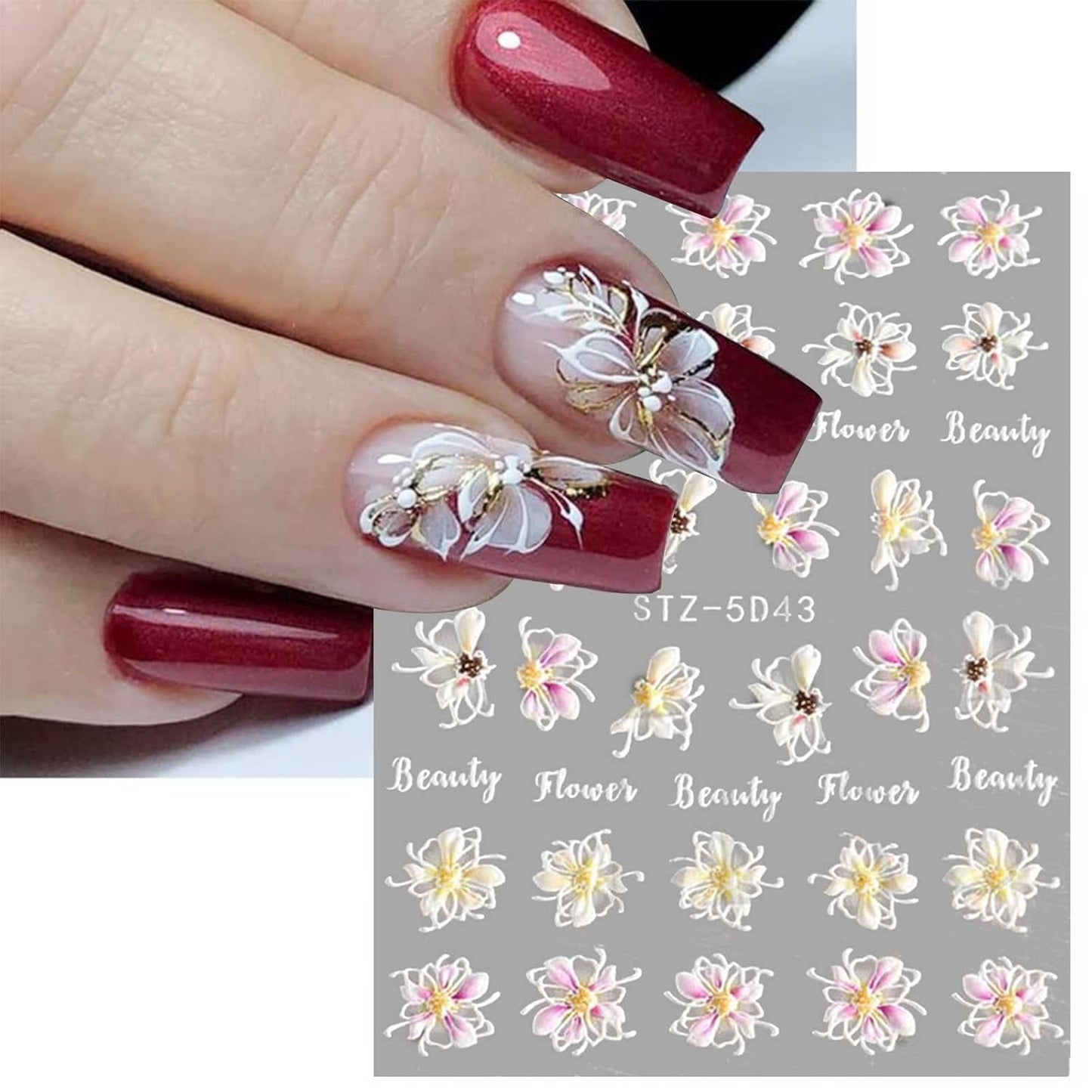 JMEOWIO 3D Nagelsticker Frühling Blume Nail Art Sticker Selbstklebend Nagelaufkleber 5D Stereoscopic Blumen Dekoration Nageldesign Zubehör 4 Blatt
