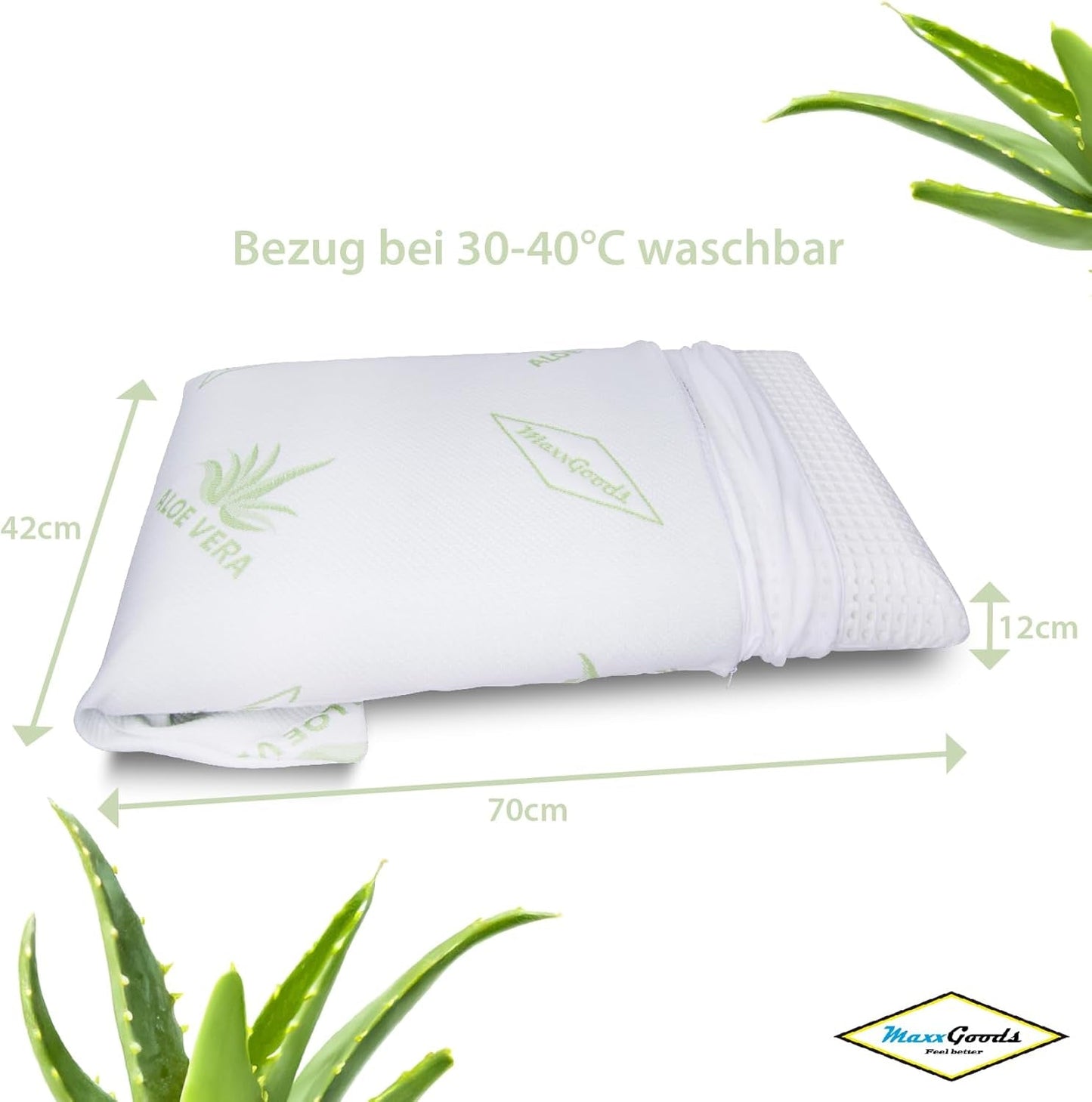 Maxxgoods Cuscino Ortopedico Cuscino di Supporto per Collo in Schiuma di Gel Visco con Fodera Protettiva in Aloe Vera e Fodera Interna in Cotone 100% - Cuscino per Pancia, Schiena e Chi Dorme sul fianco (42 Cm X 70 Cm X 12 Cm) Cuscini Ortopedici Cervicali Naty Shop