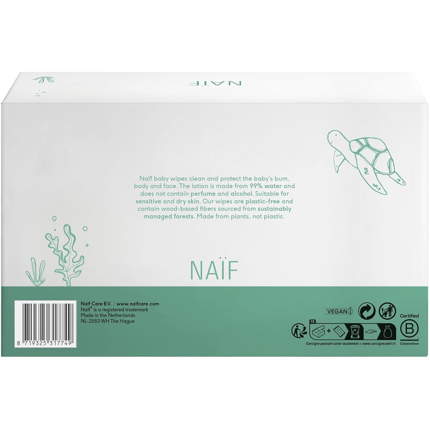 Naïf - Salviette umidificate senza plastica - 864 pezzi (16 confezioni da 54 salviette) - Cura il sedere, il corpo e il viso del bambino - 99% acqua - 0% profumo e alcool