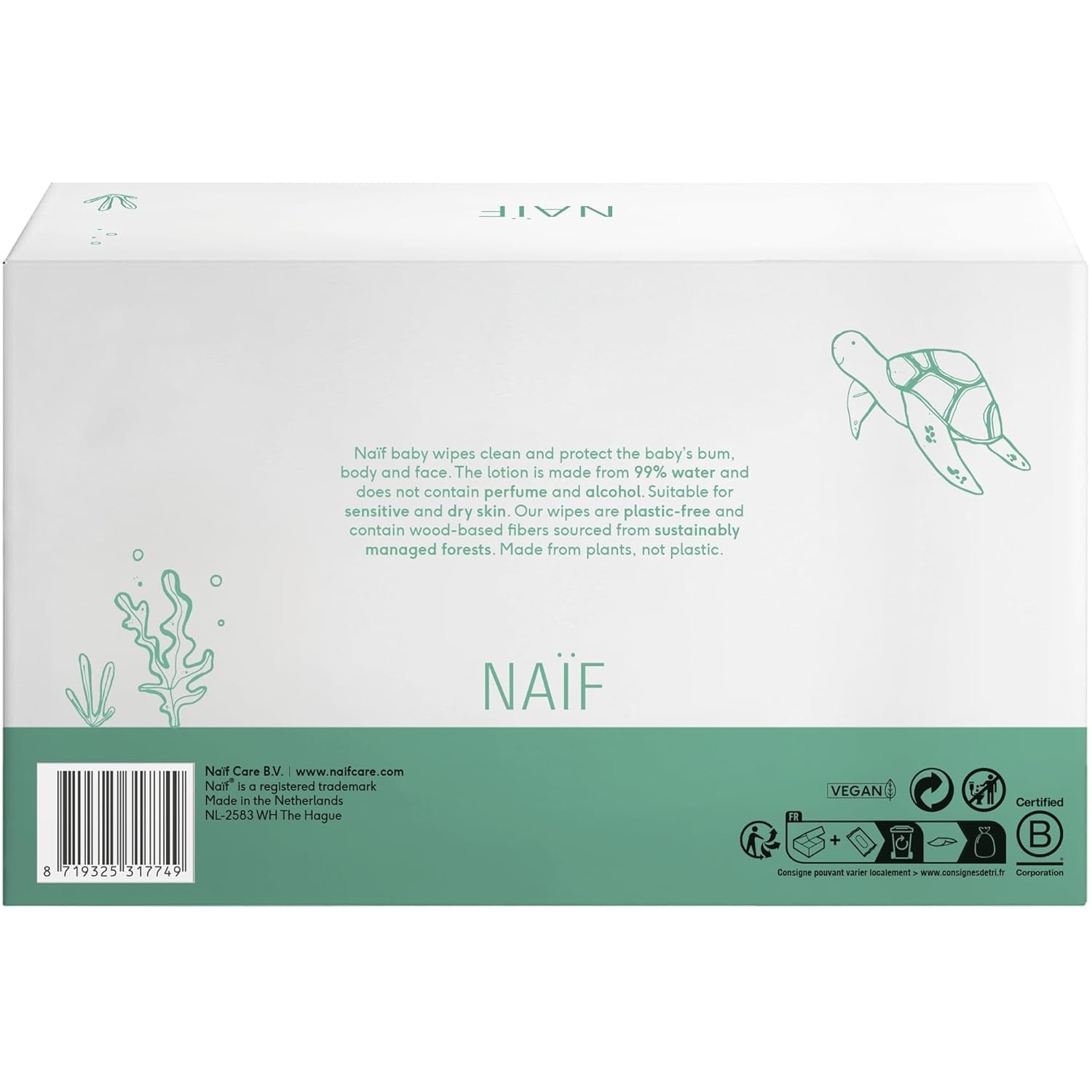 Naïf - Salviette umidificate senza plastica - 864 pezzi (16 confezioni da 54 salviette) - Cura il sedere, il corpo e il viso del bambino - 99% acqua - 0% profumo e alcool