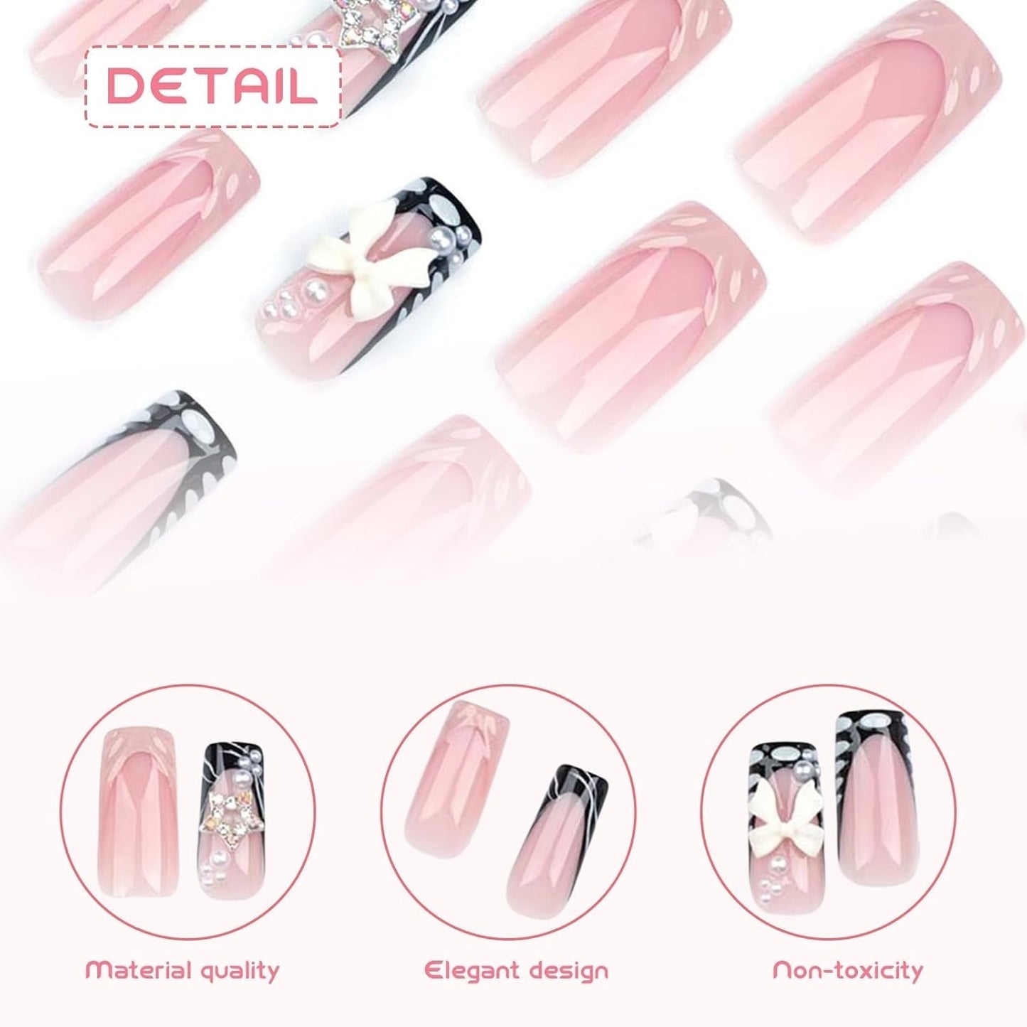 24 pezzi di strass di media lunghezza rosa perla quadrata glitter 3D unghie finte per donne e ragazze