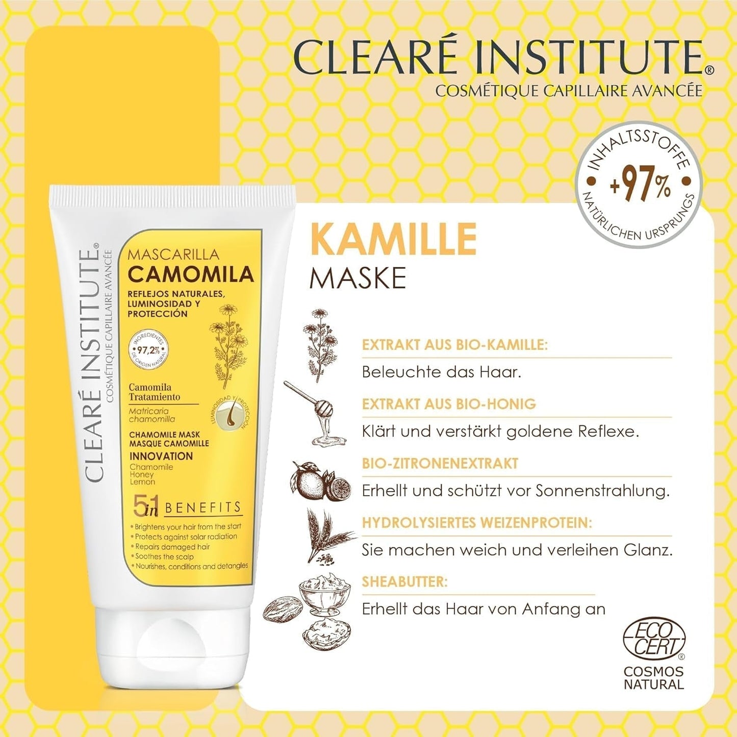 Istituto Clearé | Maschera alla camomilla | Nutre, condiziona e districa | Splendore e splendore dorati | 97% ingredienti naturali | Lenisce il cuoio capelluto Con estratto di camomilla | Maschera per capelli Naty Shop da 150 ml