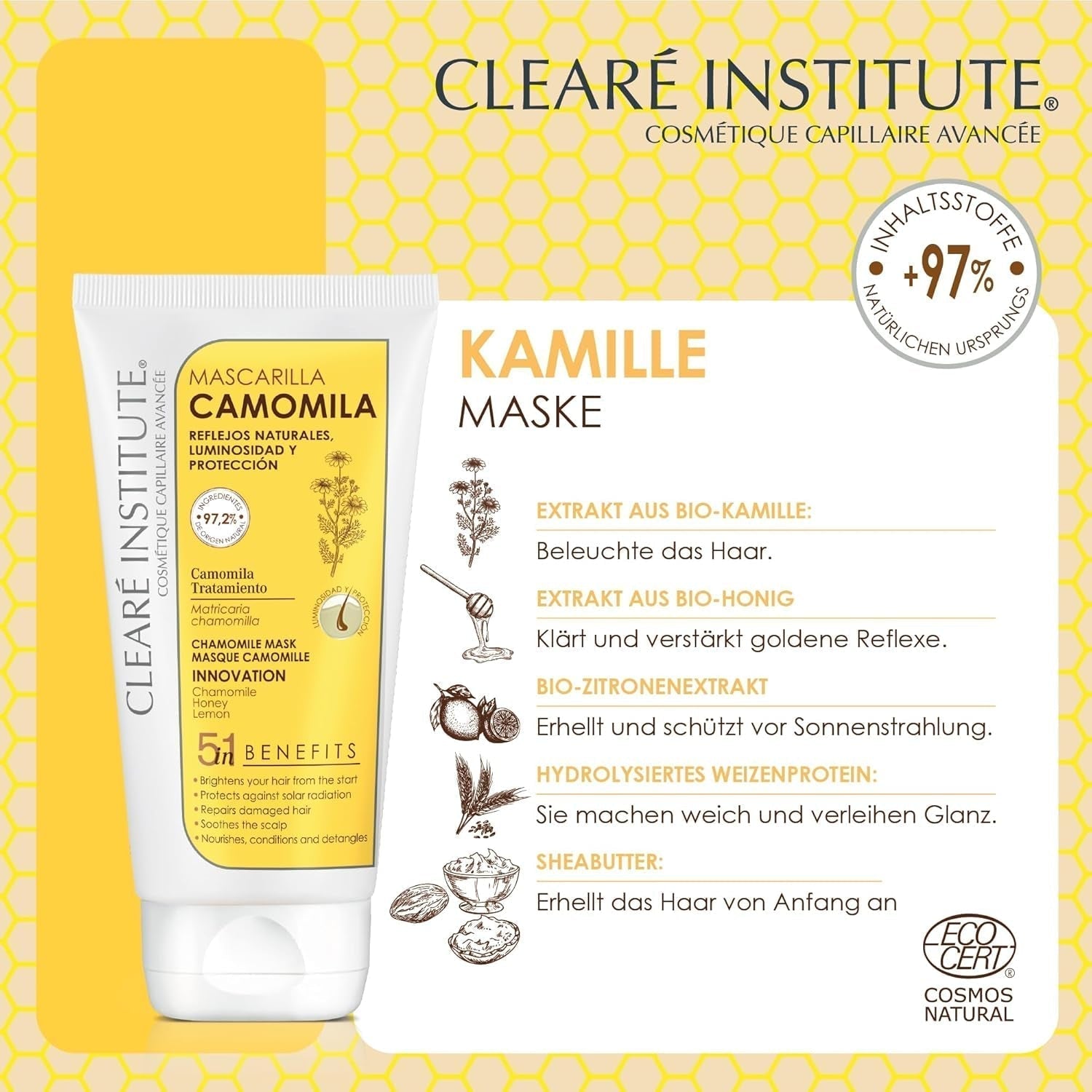 Istituto Clearé | Maschera alla camomilla | Nutre, condiziona e districa | Splendore e splendore dorati | 97% ingredienti naturali | Lenisce il cuoio capelluto Con estratto di camomilla | Maschera per capelli Naty Shop da 150 ml