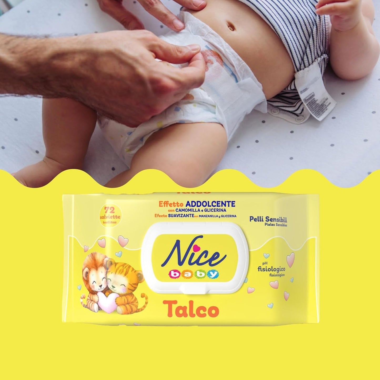 NICE Salviette umidificate per neonati 72 pezzi Con coperchio Talco Profumo Materiali naturali Pulizia delicata Bambino 1pz