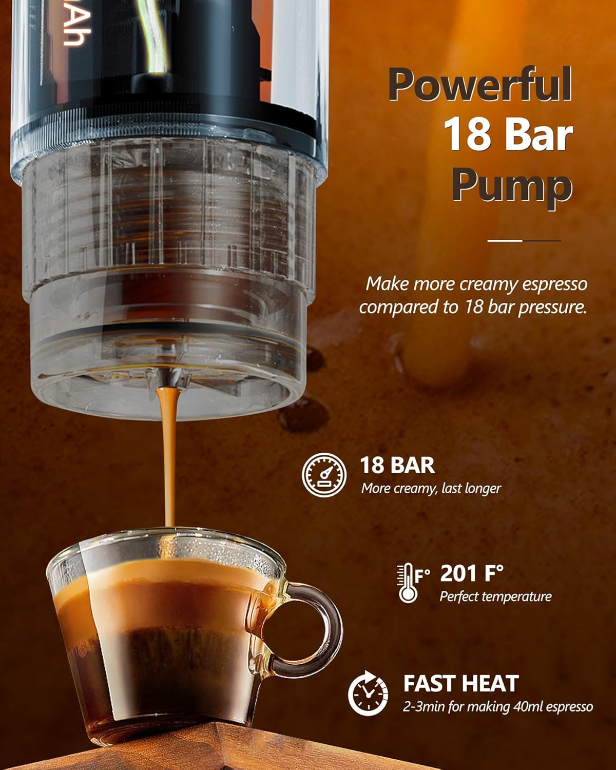 Macchina per caffè espresso CONQUECO 12V: macchina per caffè espresso portatile con batteria per campeggio e viaggi - Riscaldamento rapido in 2,5 minuti - 8 tazzine per caffè espresso in una sola carica