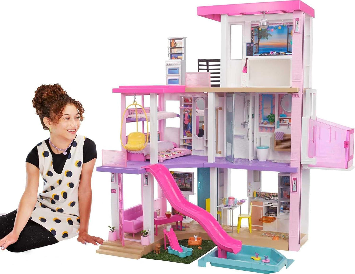 Barbie Dream House (114 cm), casa delle bambole a 3 piani, piscina, scivolo, ascensore per sedie a rotelle, 75 accessori, bambole, adatta come regalo per bambini dai 3 anni in su, GRG93