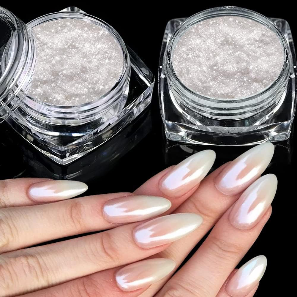 2 Schachteln Weiße Perle Chrom Nagelpuder - Trasparente Aurora Ice Shimmer Chrome Pigment Pulver Für Nägel, Glazed Donut Glitzerpuder Nails Spiegeleffekt-Glitter Nagelkunst-Pulver Für Diy-Salon