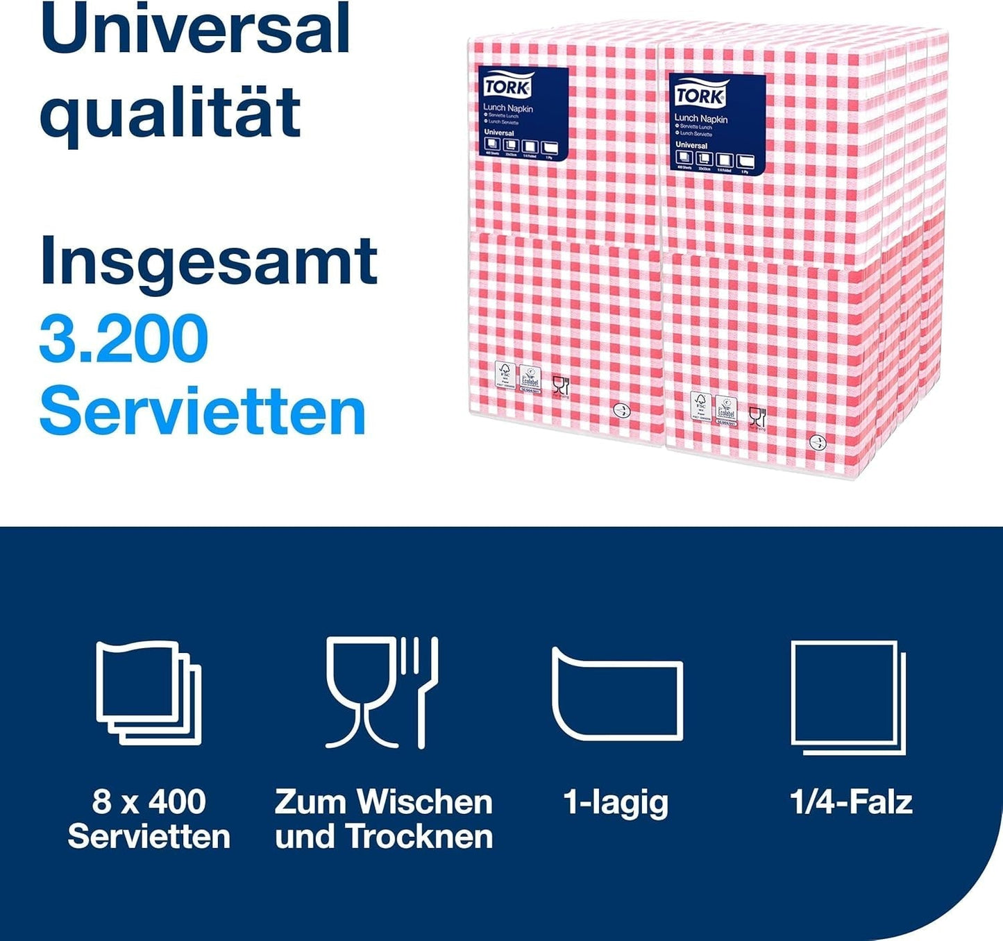 Tork Tovagliolo Lunch Bistrored, 1/4 volte, 1 velo, 33 cm × 33 cm, 8 × 400 tovaglioli, 509359