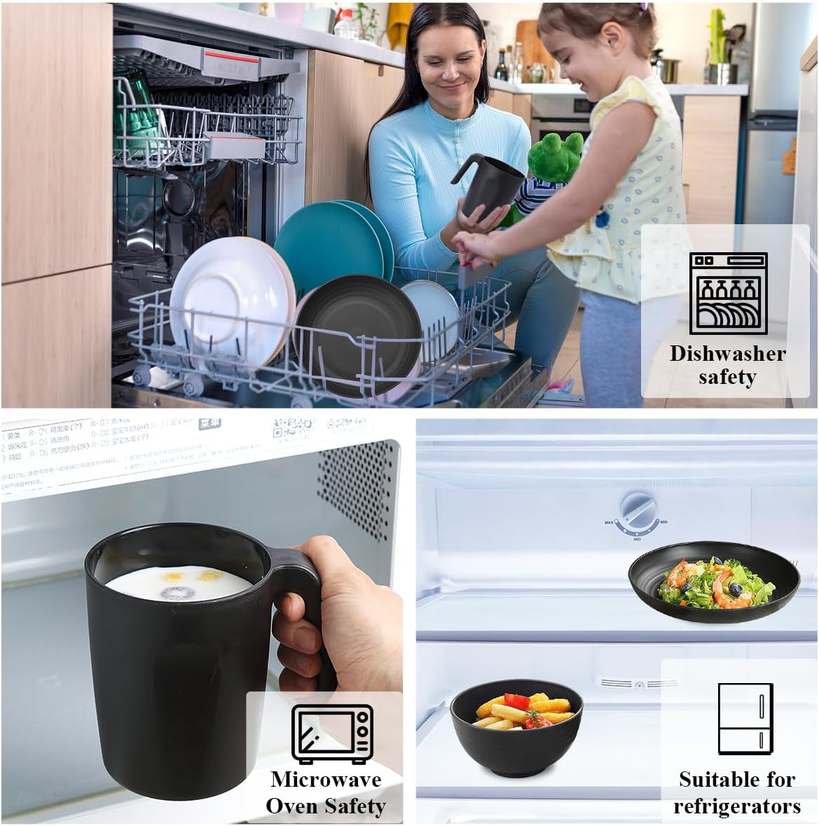 Berglander Set di stoviglie in plastica nera da 24 pezzi per 6 piatti e ciotole riutilizzabili, inclusi piatti piani, piatti da dessert, ciotole per cereali e tazze per casa, giardino e picnic