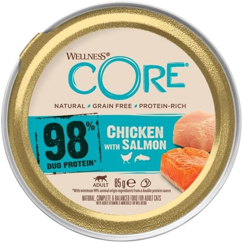 Wellness CORE 98% 12 x 85g, Pollo e Salmone - Cibo umido per gatti, patè denso, senza cereali, naturale, ipoallergenico, ricco di proteine, ricco di carne