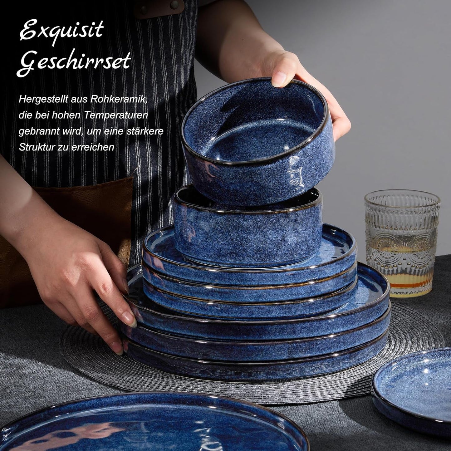 Homikit Servizio Piatti, Servizio Piatti 12 Pezzi per 4, Servizio Piatti Combo con Piatti, Piattini Dessert e Ciotole Cereali, Adatto al Microonde e alla Lavastoviglie, Elegante Blu