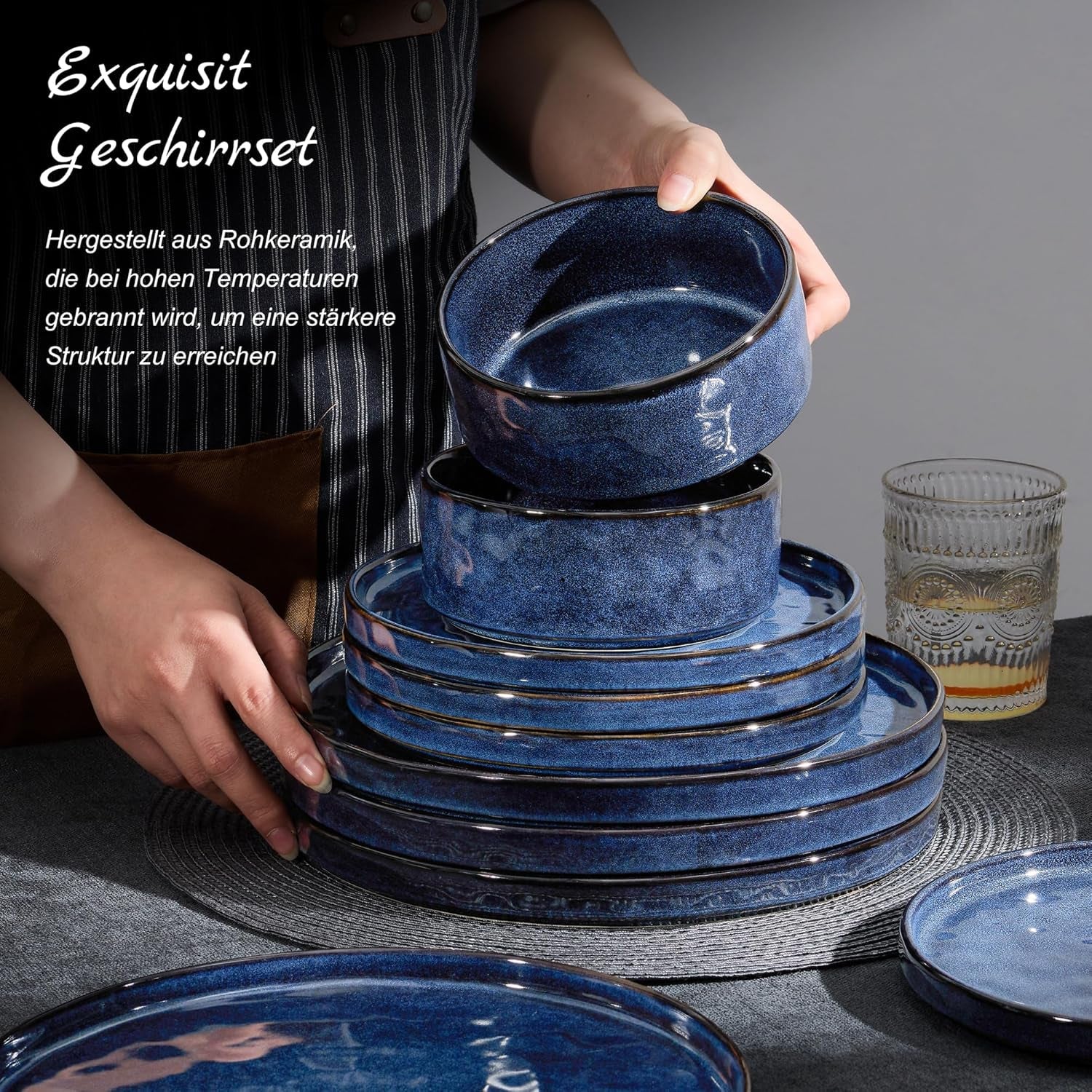 Homikit Servizio Piatti, Servizio Piatti 12 Pezzi per 4, Servizio Piatti Combo con Piatti, Piattini Dessert e Ciotole Cereali, Adatto al Microonde e alla Lavastoviglie, Elegante Blu