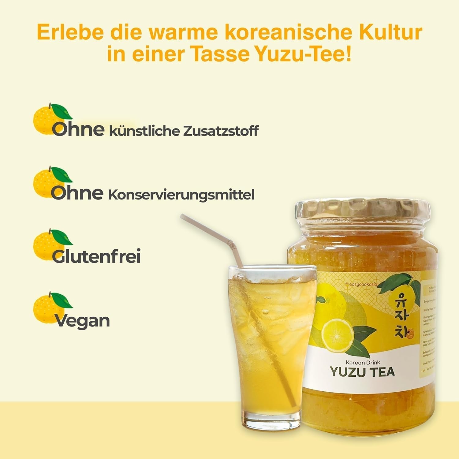 Bevanda coreana Easycookasia – Tè allo Yuzu | Fruttato, dolce e agrumato | Con vitamina C | Per tè, limonata, cocktail e dessert | Scopri la cultura asiatica del tè (500g)