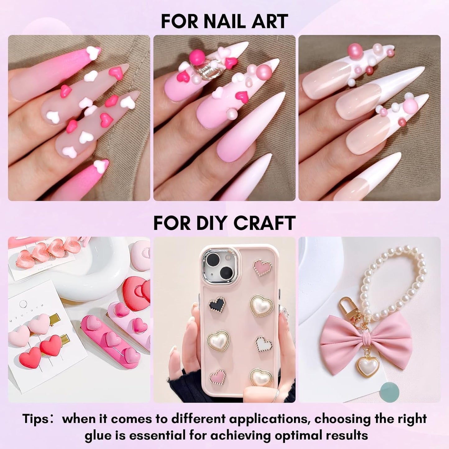 Makartt Gel adesivo per strass - Set di colla UV per unghie da 15 ml con ciondoli per unghie rosa Cuore Cerchio Gioielli per unghie e accessori per design delle unghie per manicure domestica Regalo di San Valentino