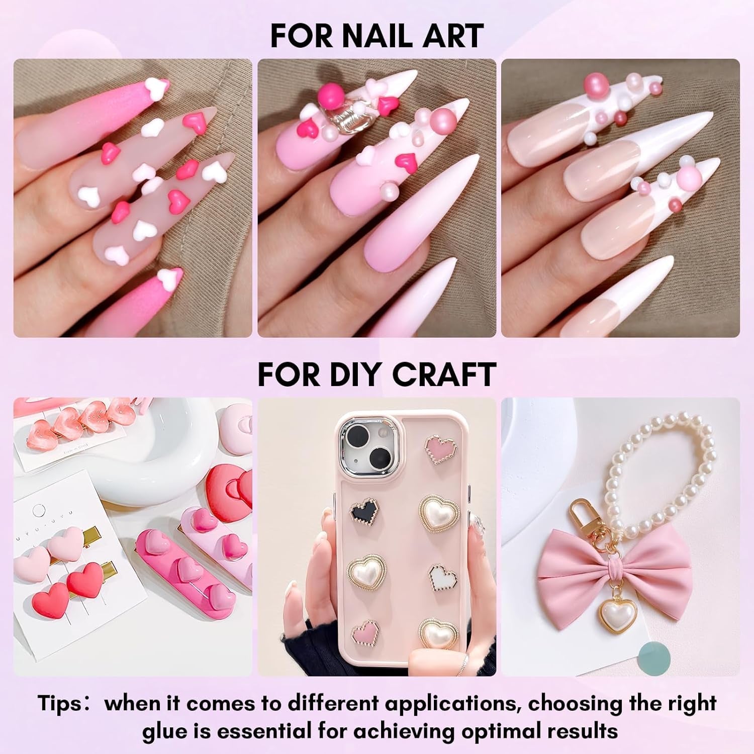 Makartt Gel adesivo per strass - Set di colla UV per unghie da 15 ml con ciondoli per unghie rosa Cuore Cerchio Gioielli per unghie e accessori per design delle unghie per manicure domestica Regalo di San Valentino